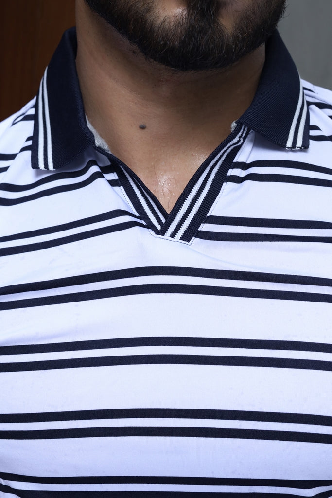 Men’s White & Black Striped V-Neck Polo Shirt