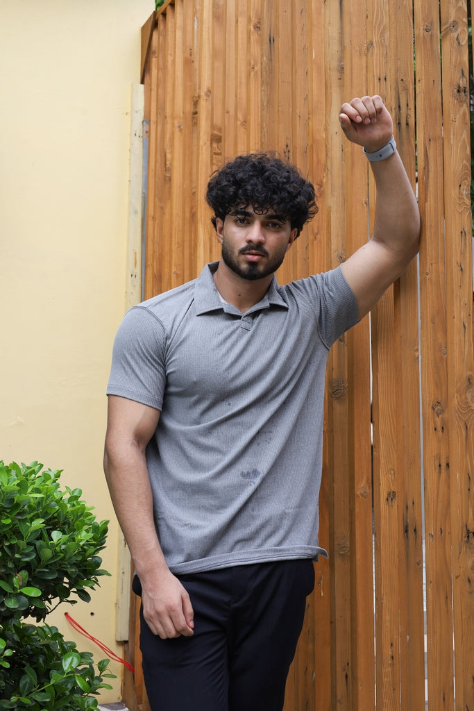 Men’s Grey Textured Ribbed Polo Shirt