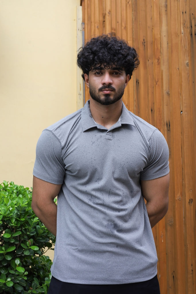 Men’s Grey Textured Ribbed Polo Shirt