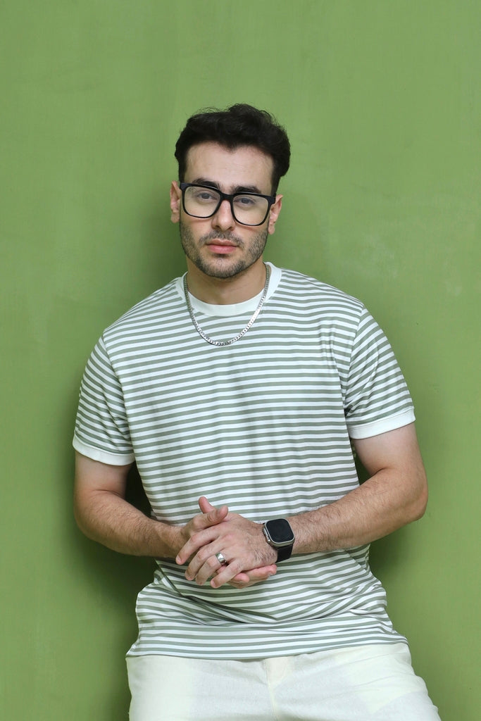 Men's Sage Green  White Striped T-Shirt