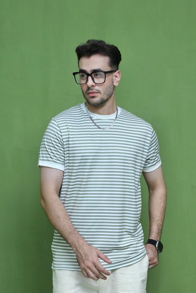 Men's Sage Green  White Striped T-Shirt