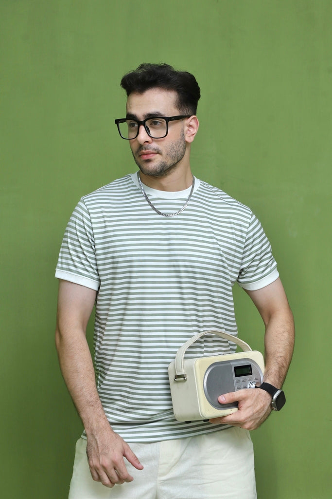 Men's Sage Green  White Striped T-Shirt