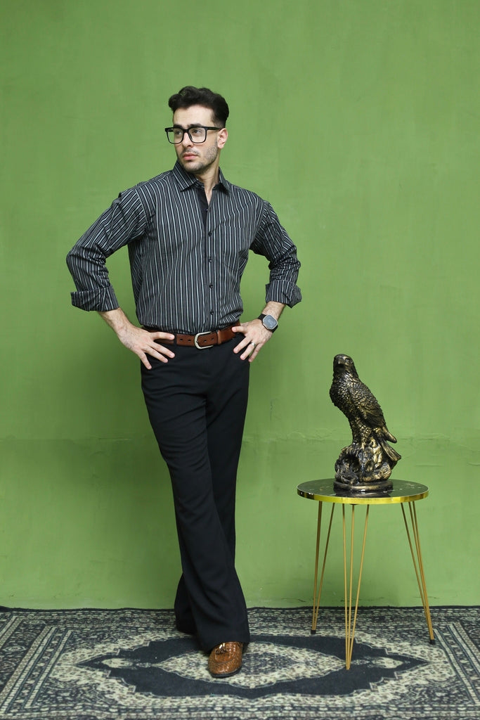Men's Black & White Multi-Striped Formal Shirt