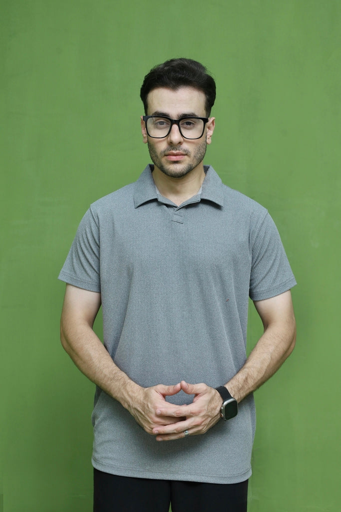 Grey Open-Collar Drop Needle Polo Shirt