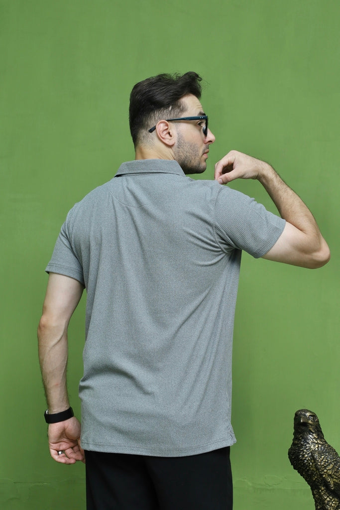 Grey Open-Collar Drop Needle Polo Shirt