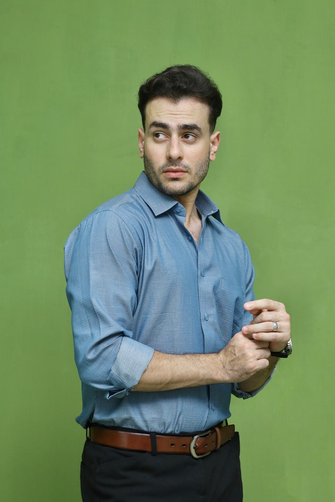 Men's Steel Blue Textured Formal Shirt