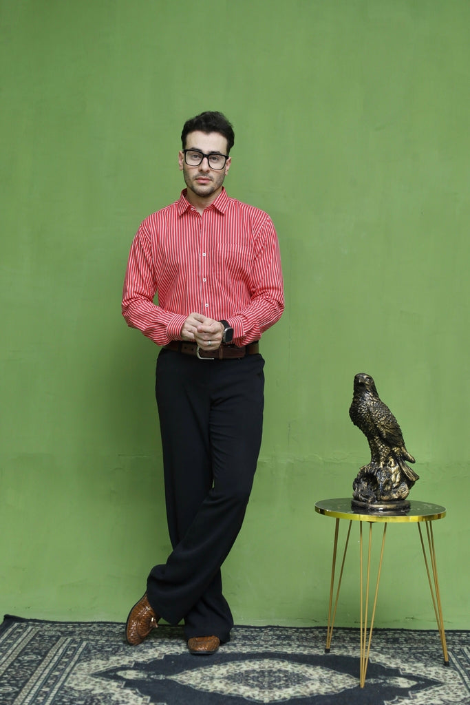 Men's Red White Striped Formal Shirt