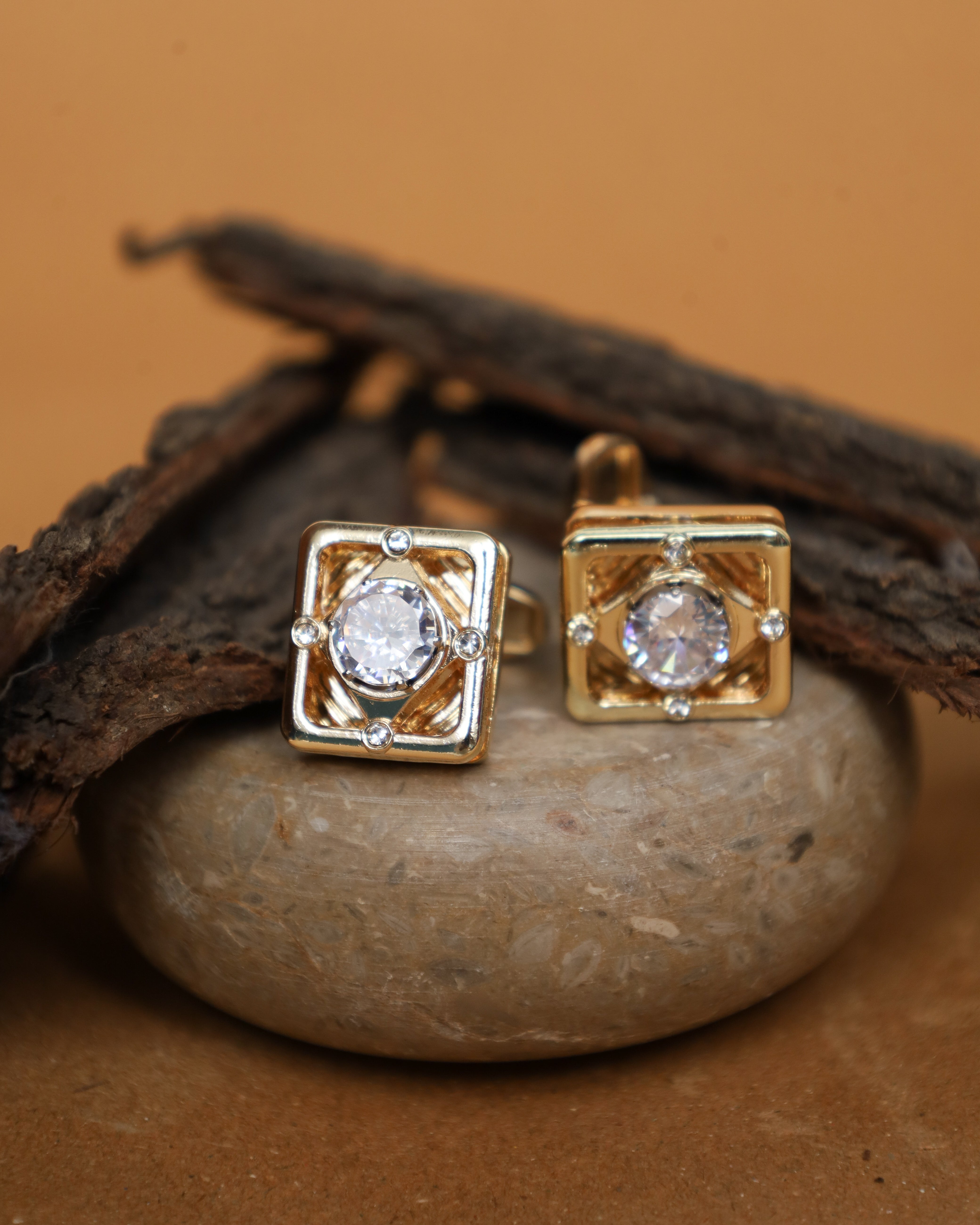 Gold-Tone Square Crystal Accent Cufflinks