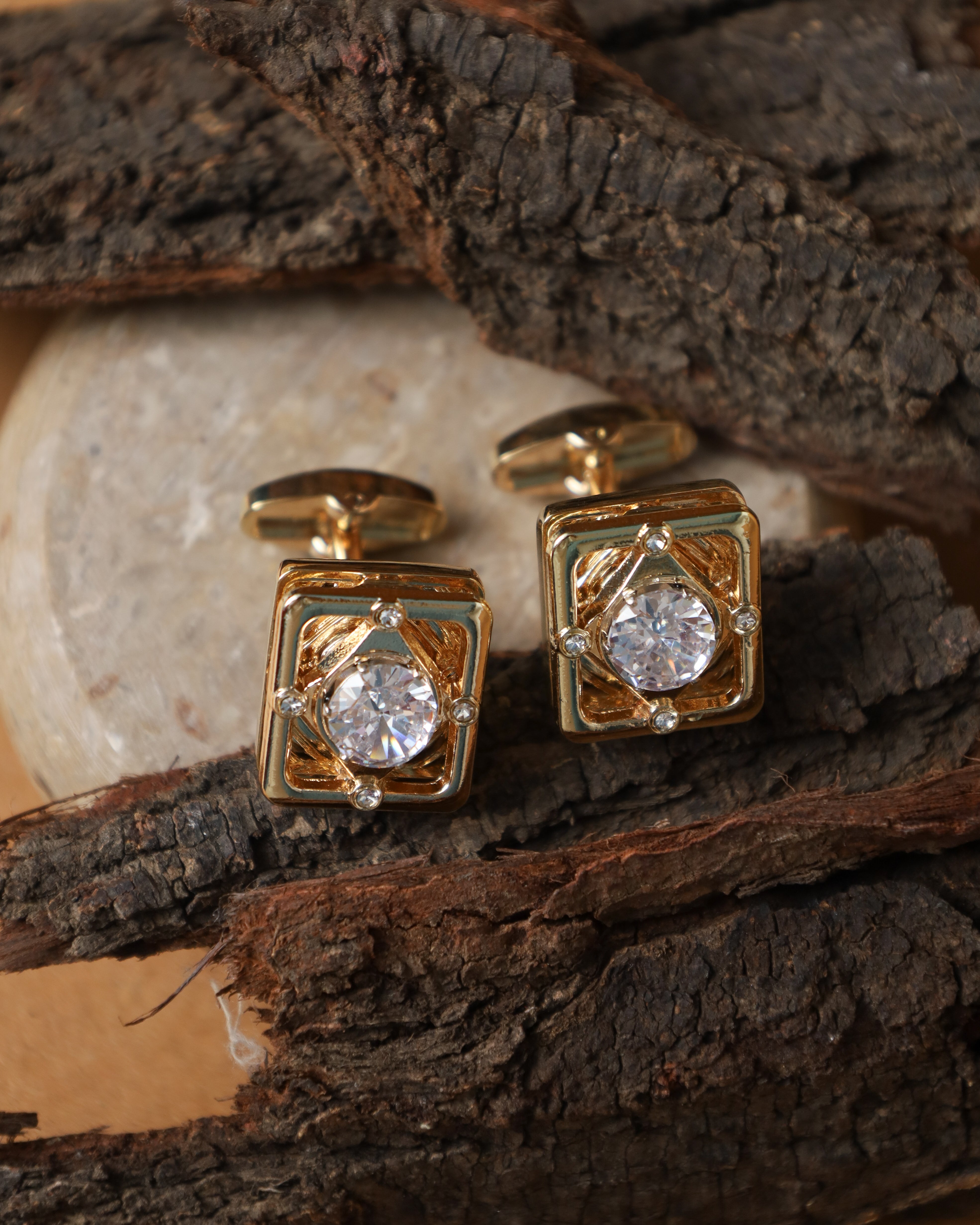 Gold-Tone Square Crystal Accent Cufflinks
