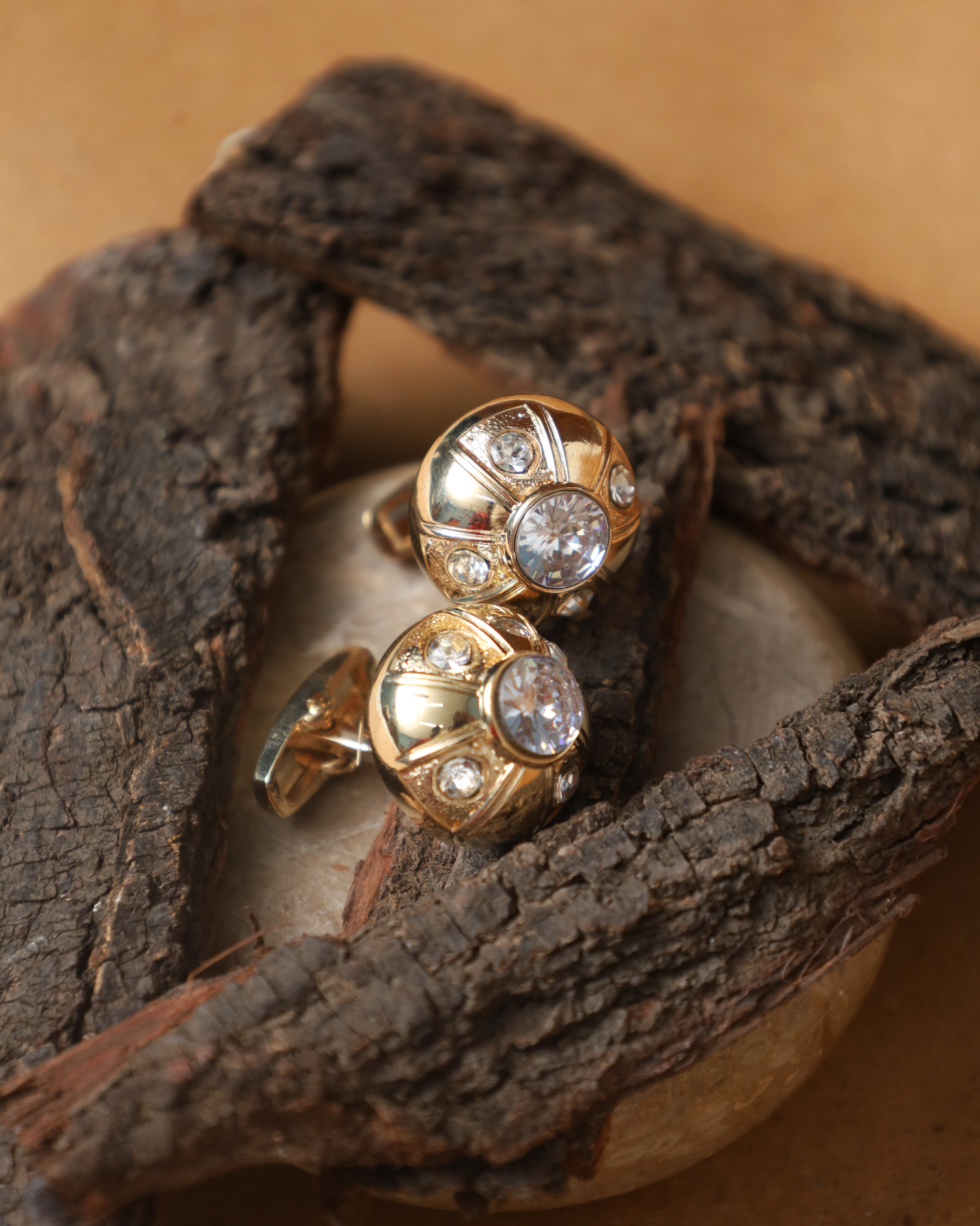 Gold-Tone Round Crystal Accent Cufflinks