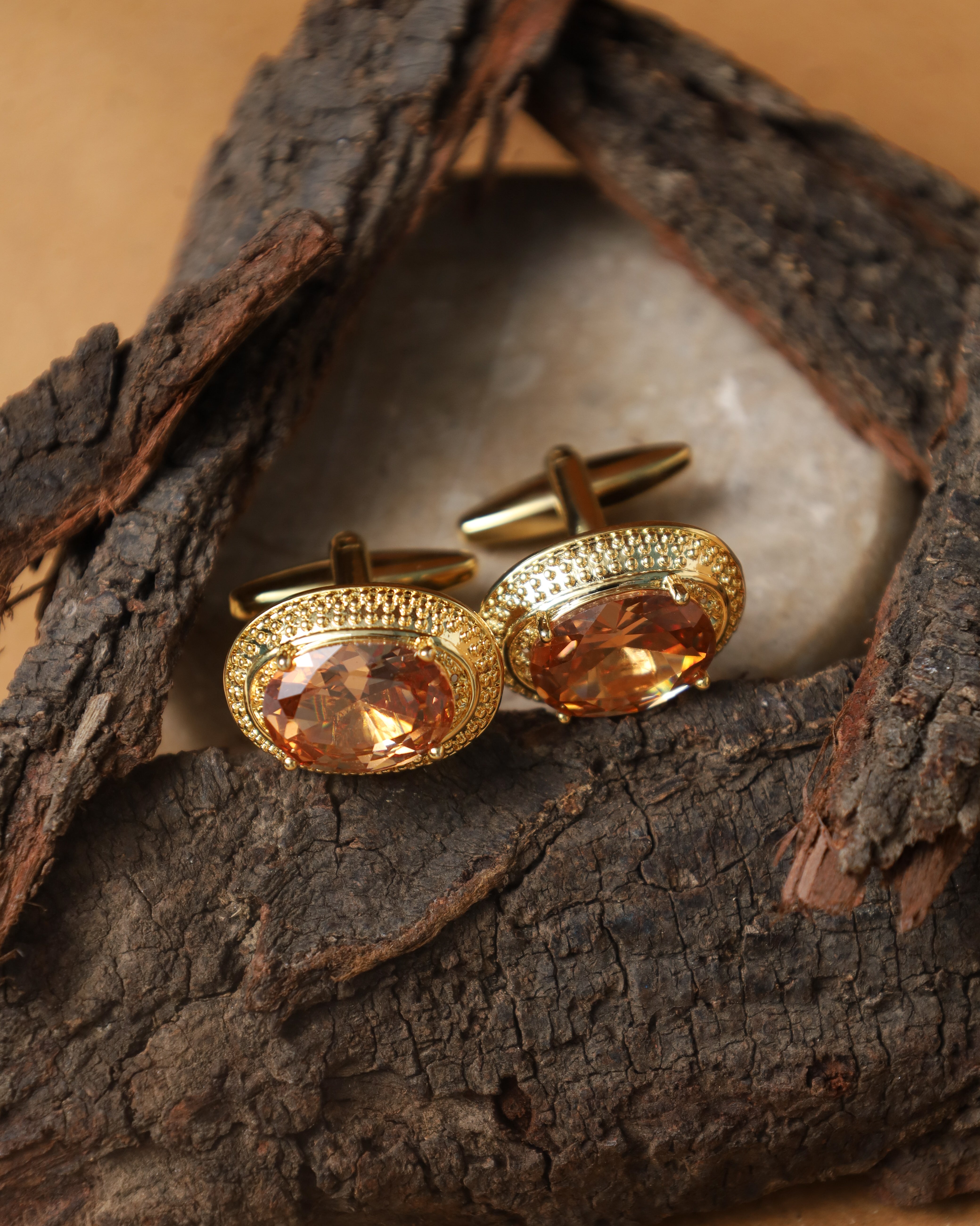 Gold-Tone Oval Amber Crystal Cufflinks