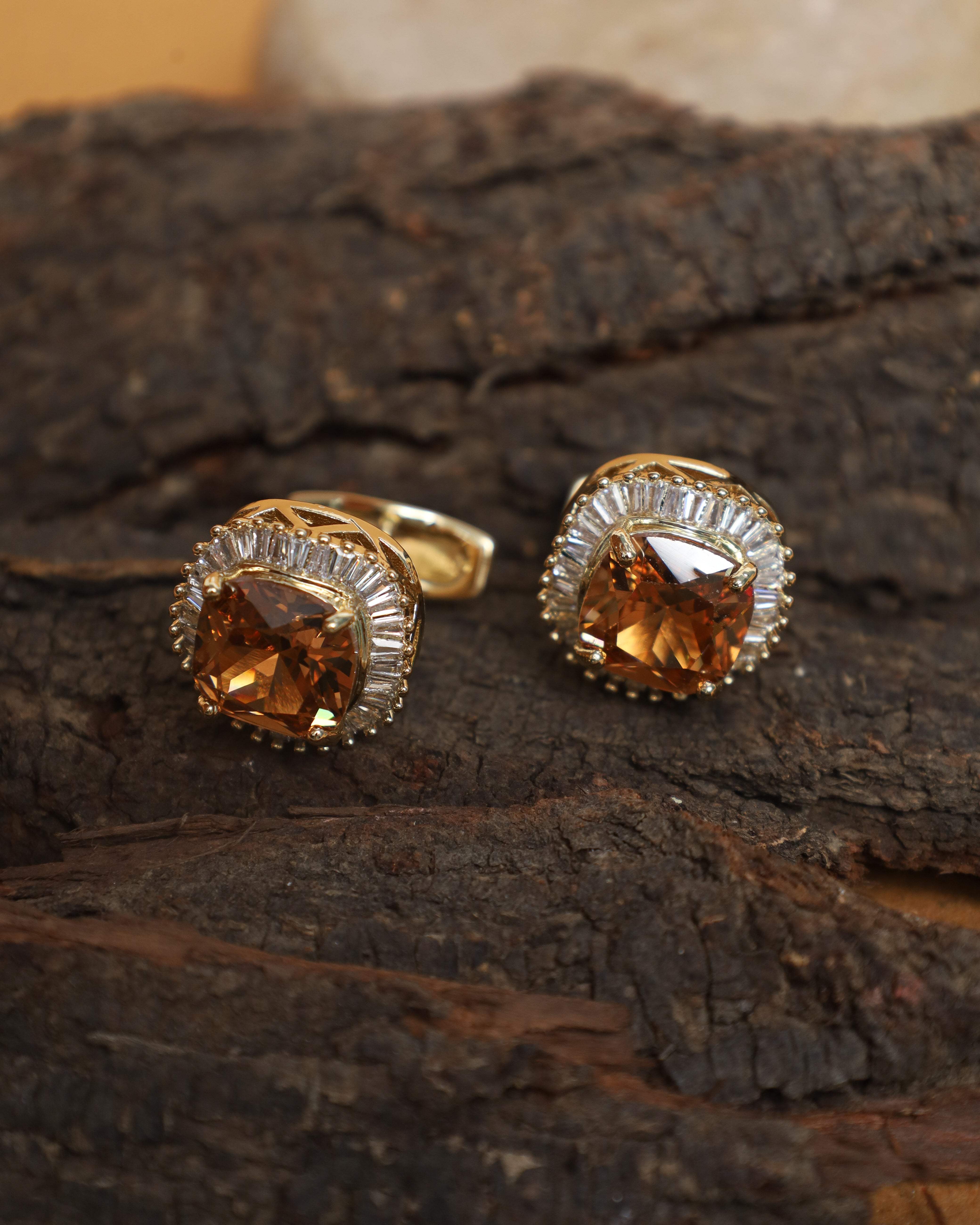 Gold-Tone Amber Crystal Halo Cufflinks