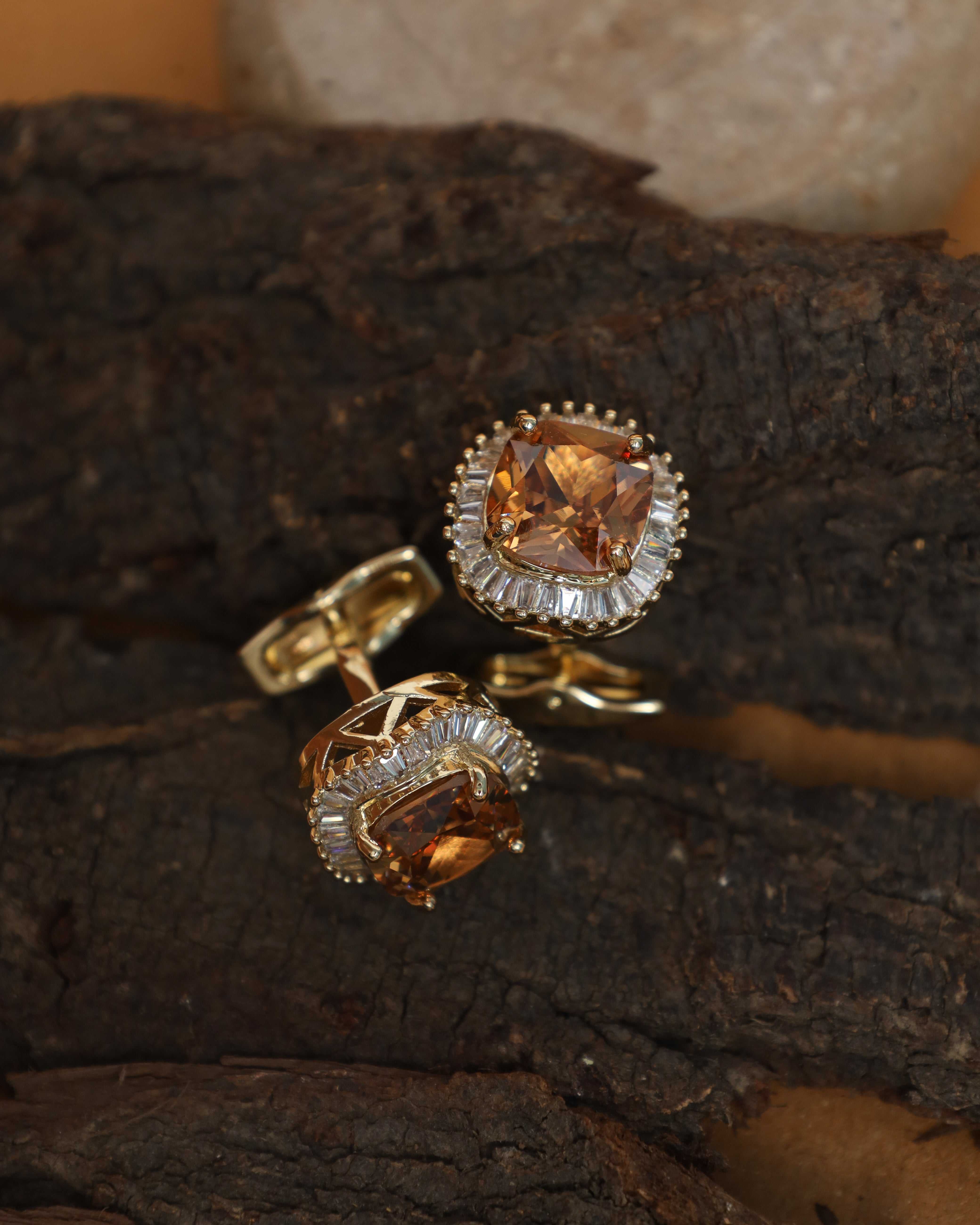 Gold-Tone Amber Crystal Halo Cufflinks