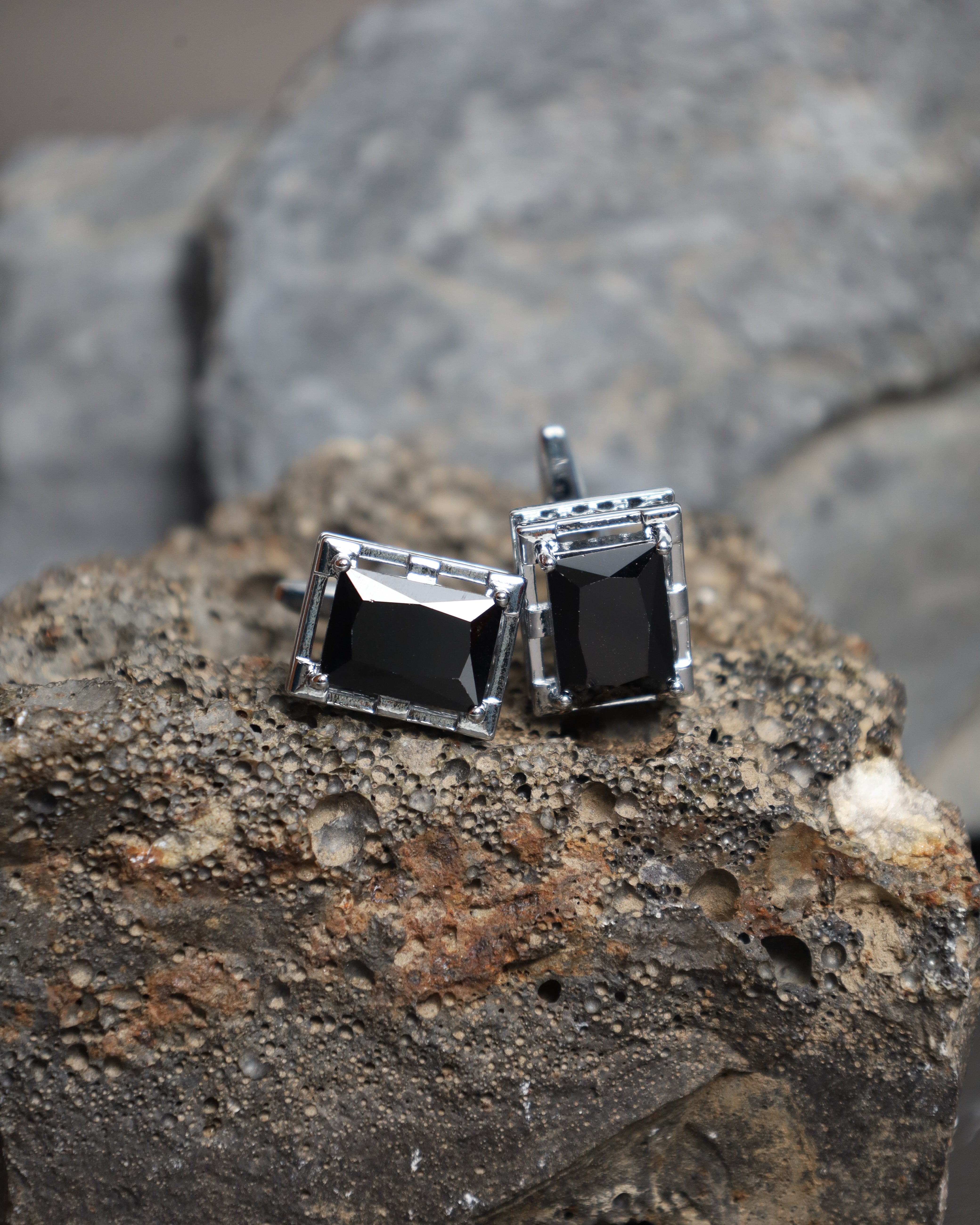 Silver Black Rectangular Cufflinks