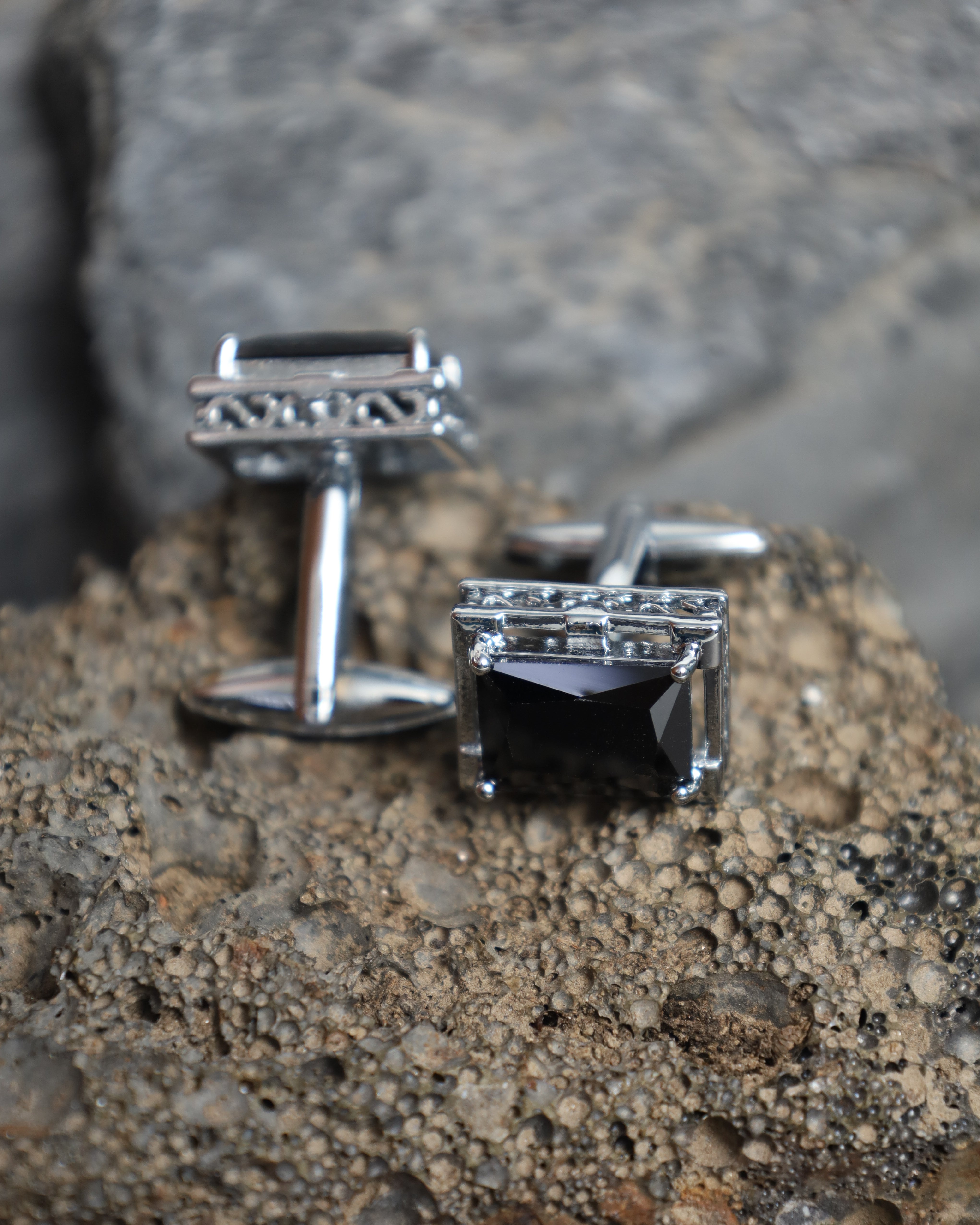 Silver Black Rectangular Cufflinks