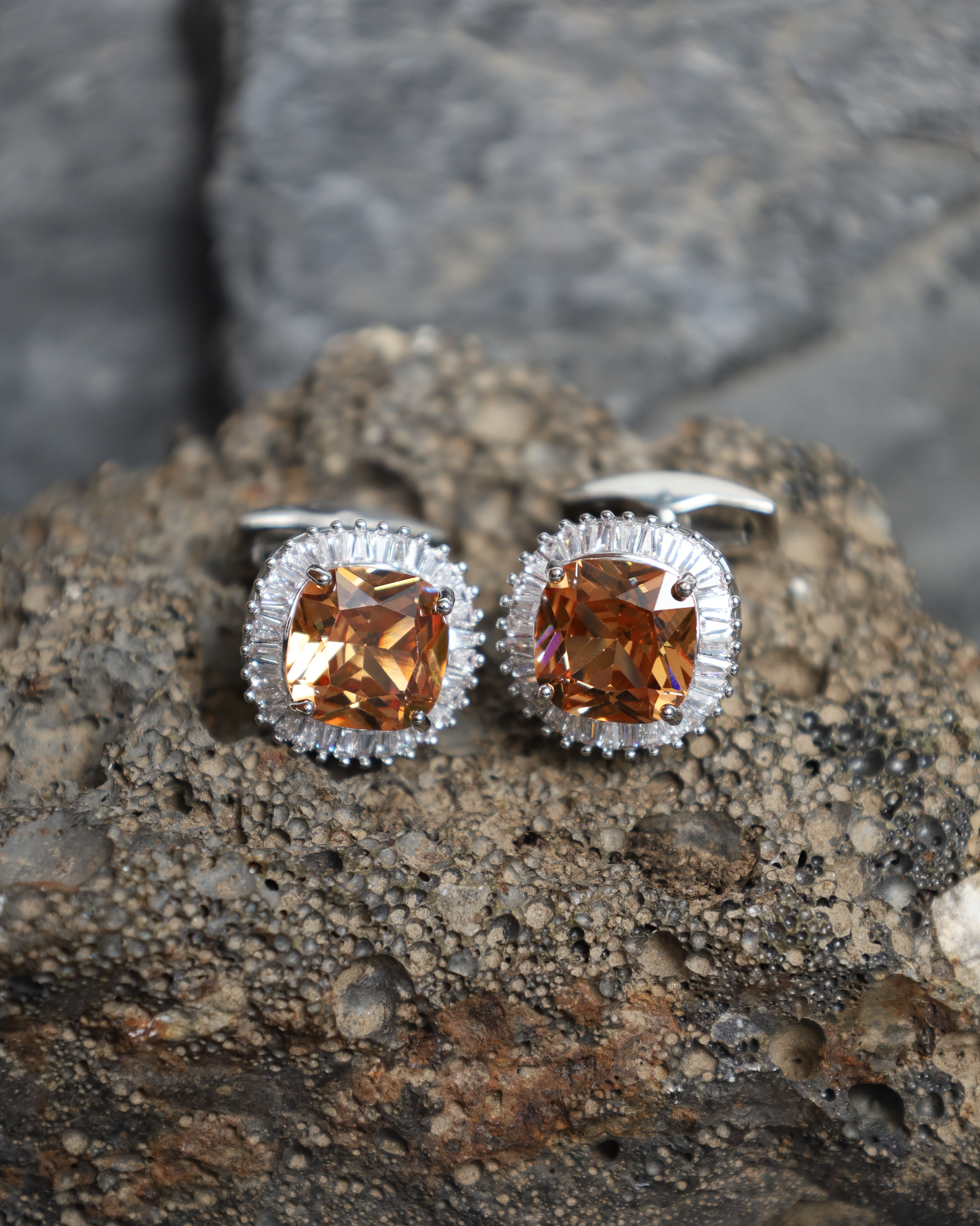 Silver & Amber Crystal Halo Cufflinks
