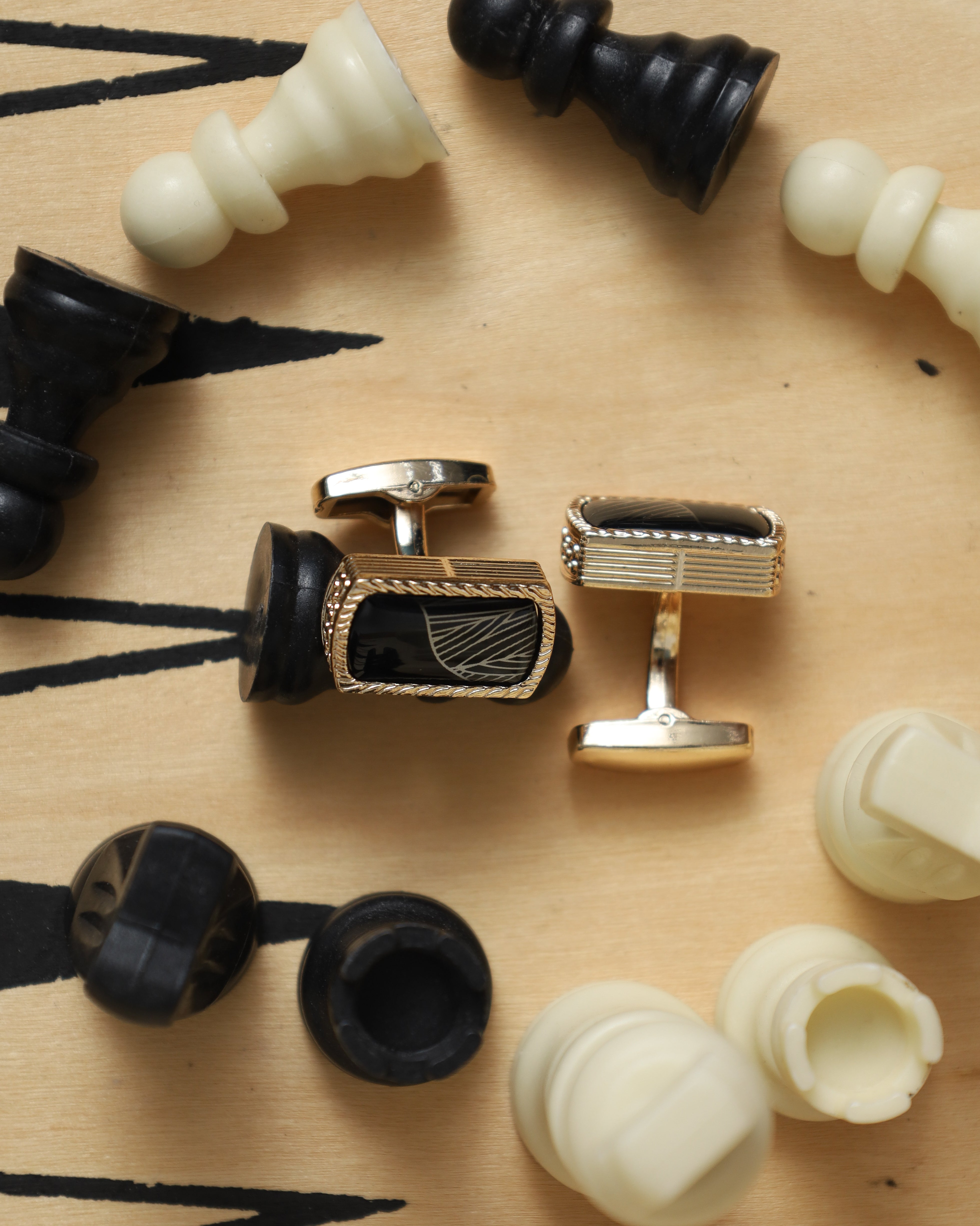 Gold-Tone Black Pattern Cufflinks