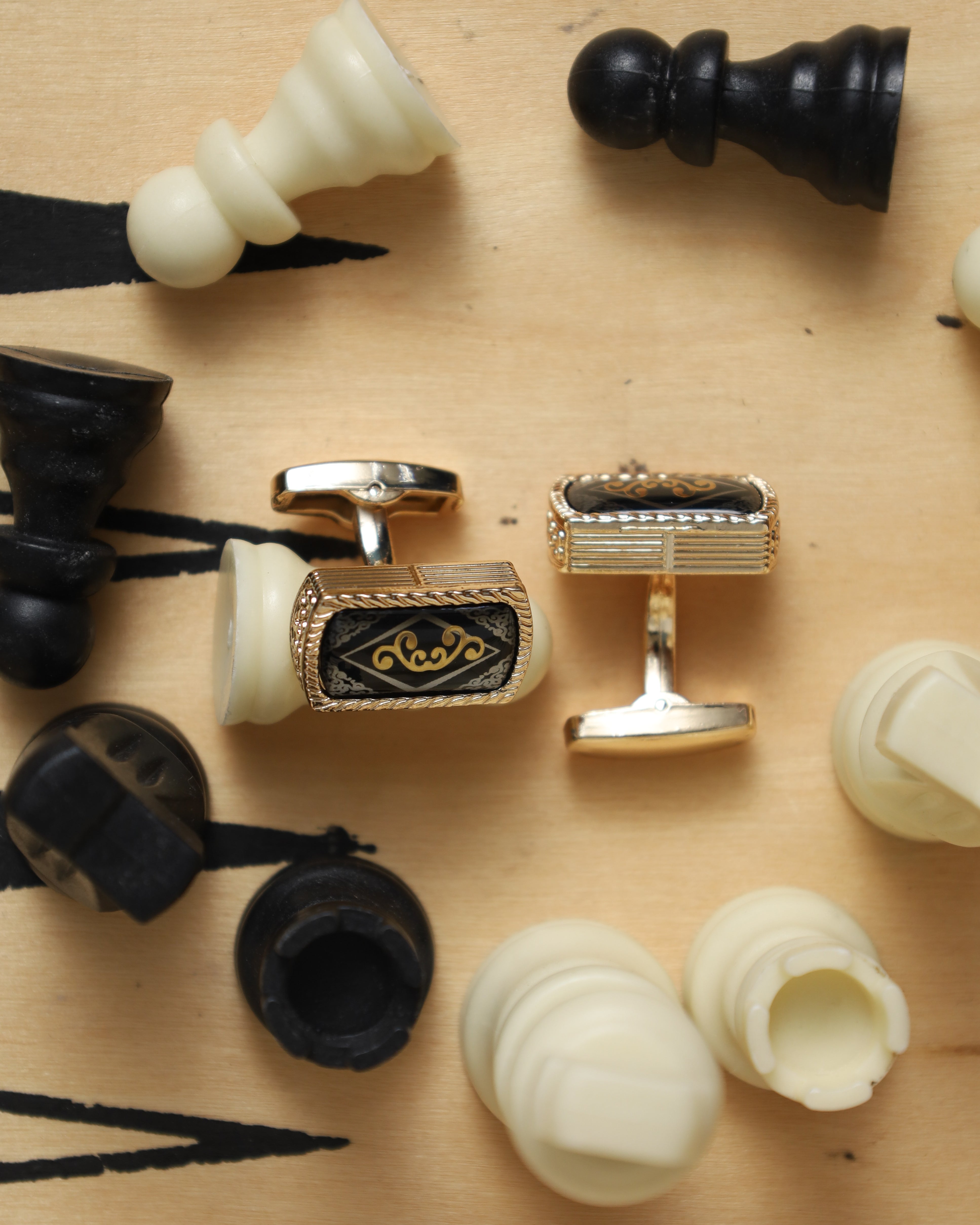 Gold Black Ornate Cufflinks
