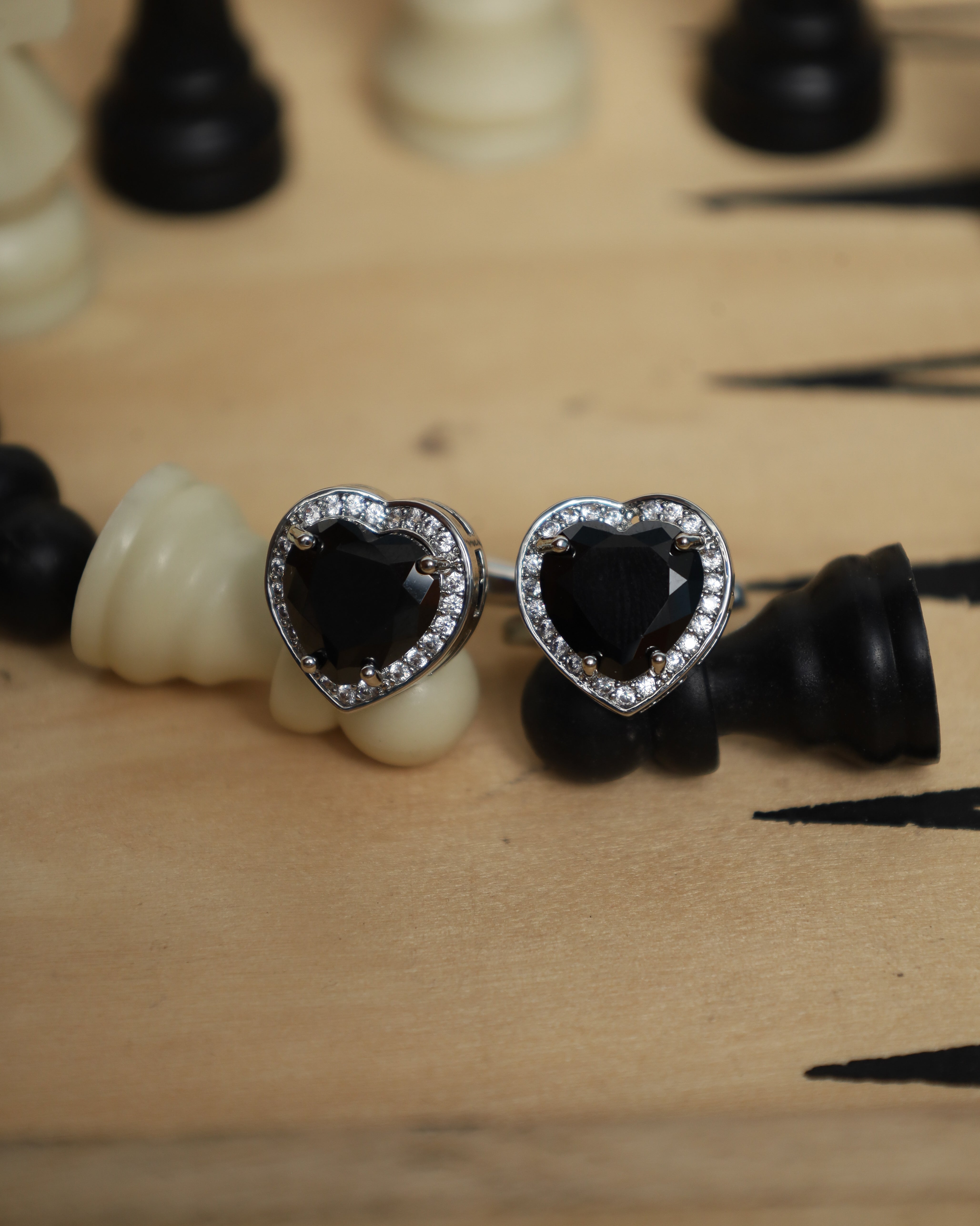 Silver Black Heart Crystal Cufflinks