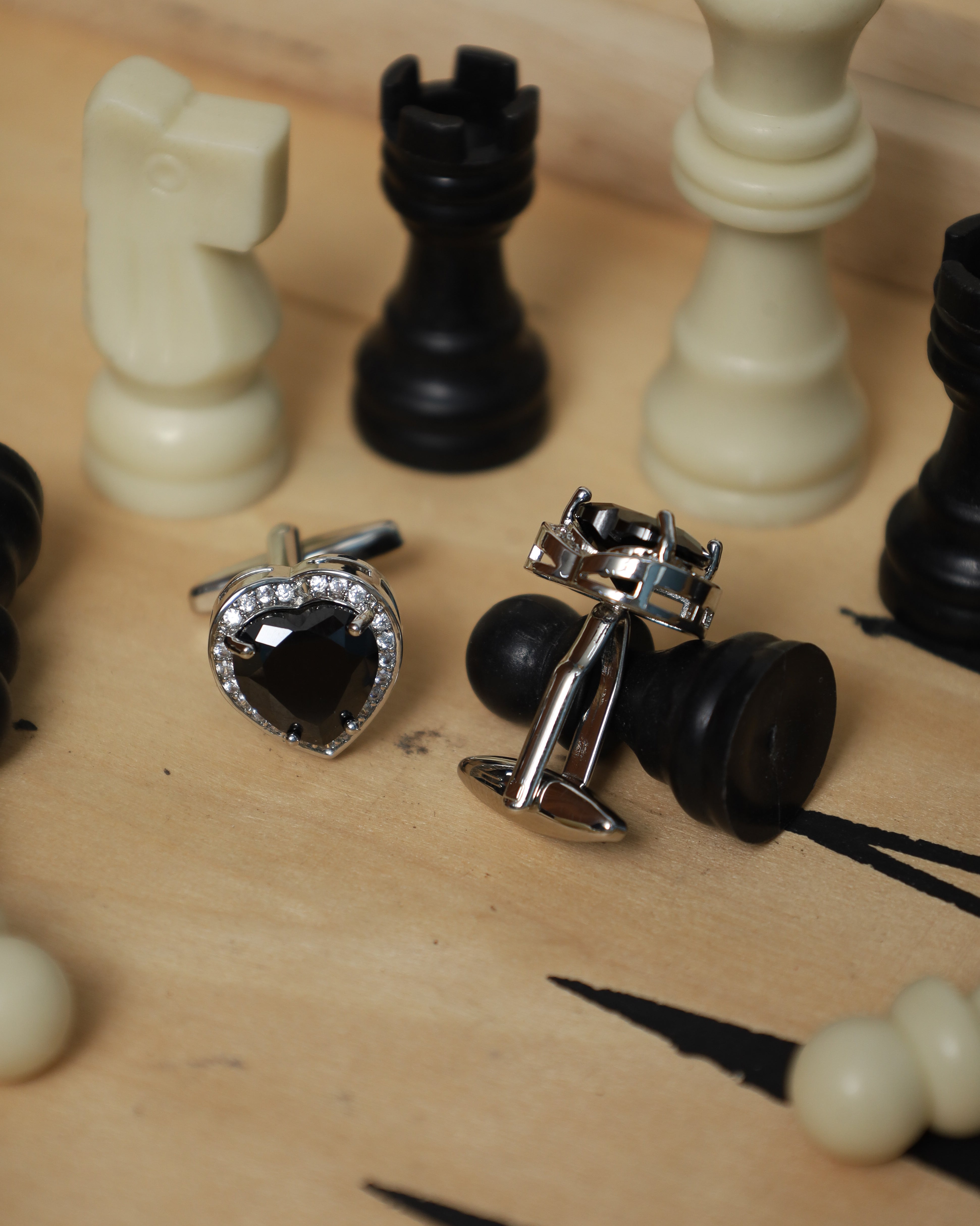 Silver Black Heart Crystal Cufflinks