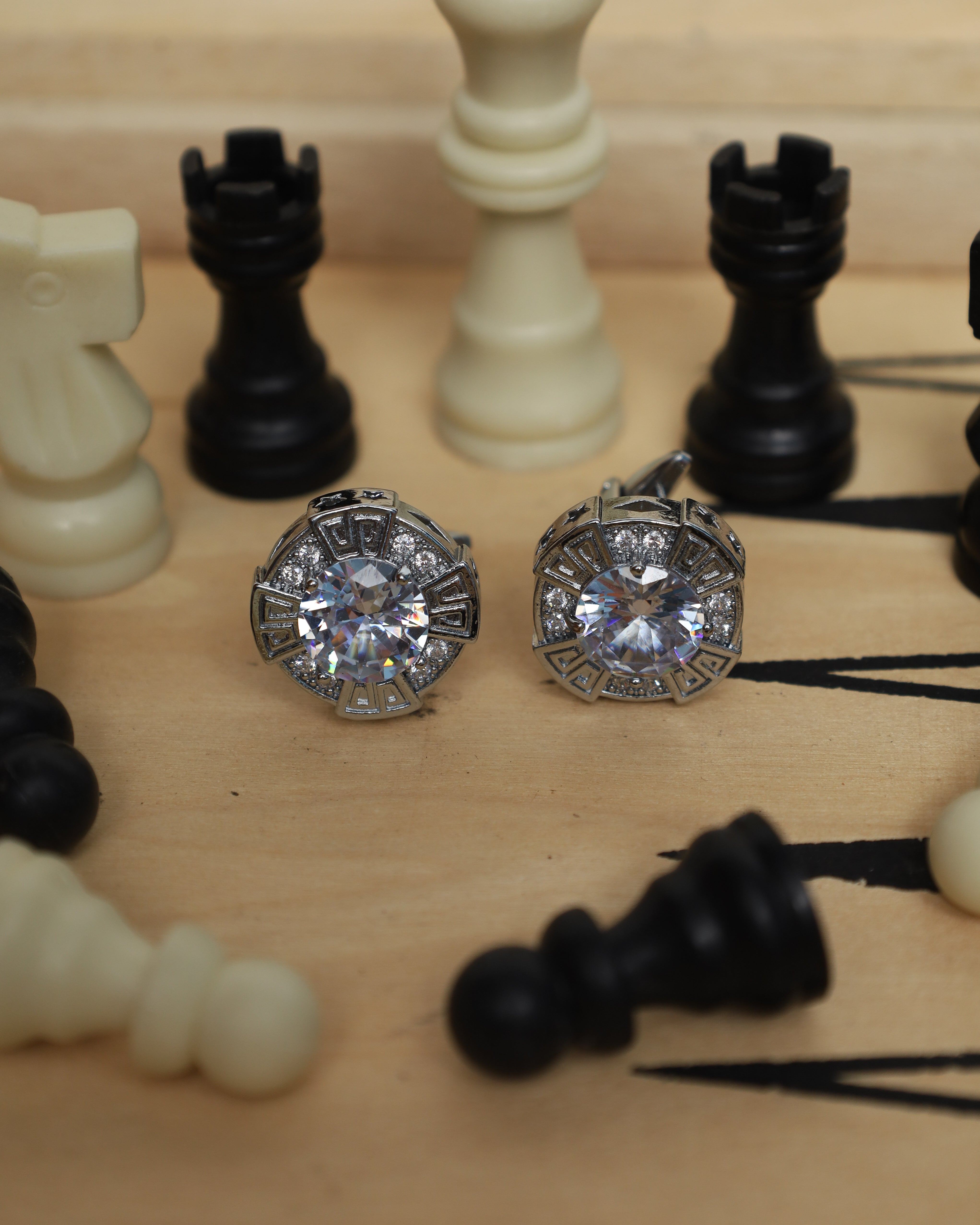 Silver Greek Key Crystal Cufflinks