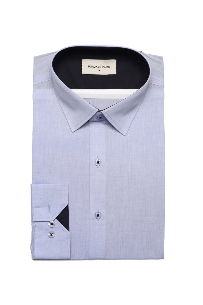 Sky Blue Contrast-Trim Designer Shirt