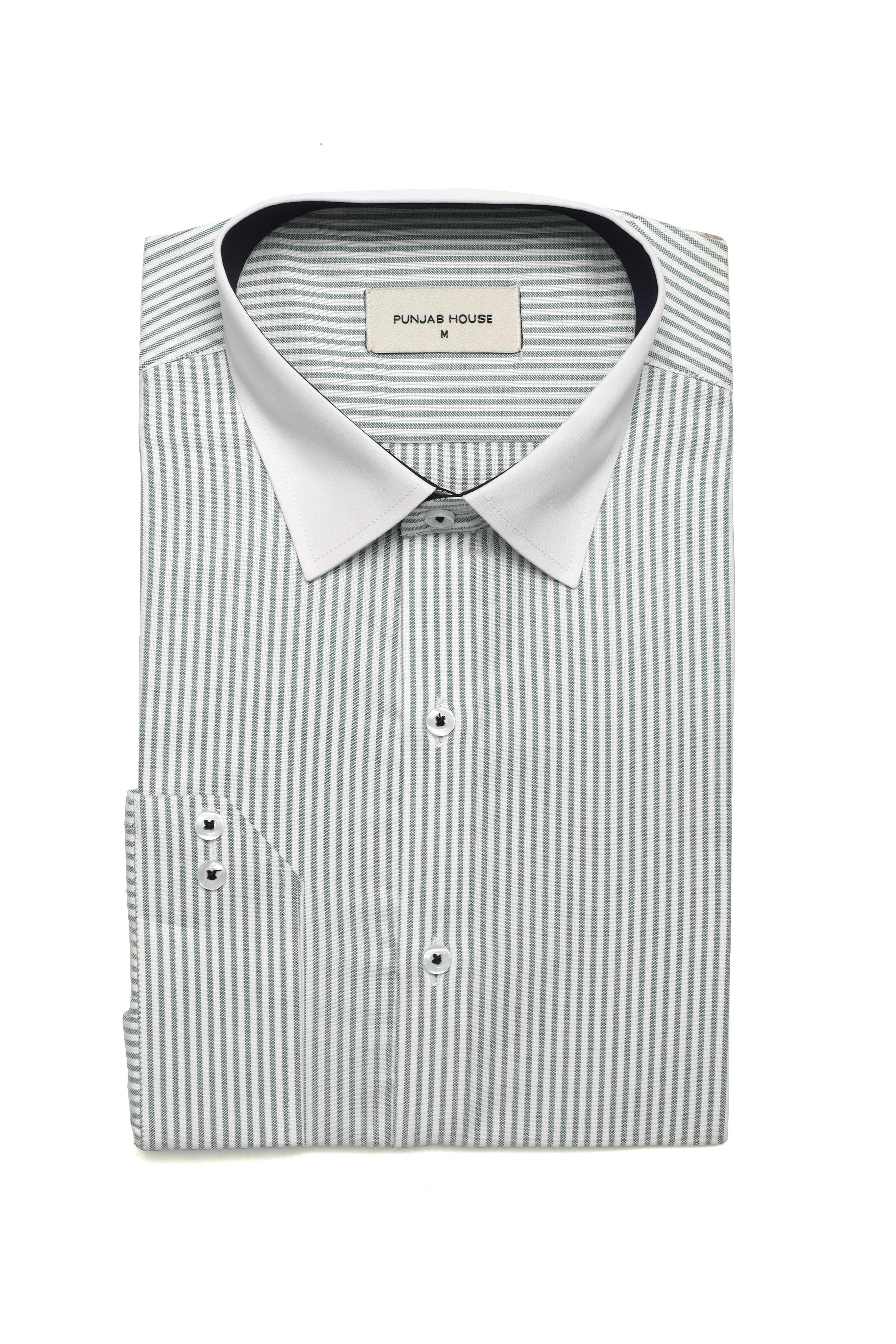 Pinstripe Shirt with Green Contrast White Collar
