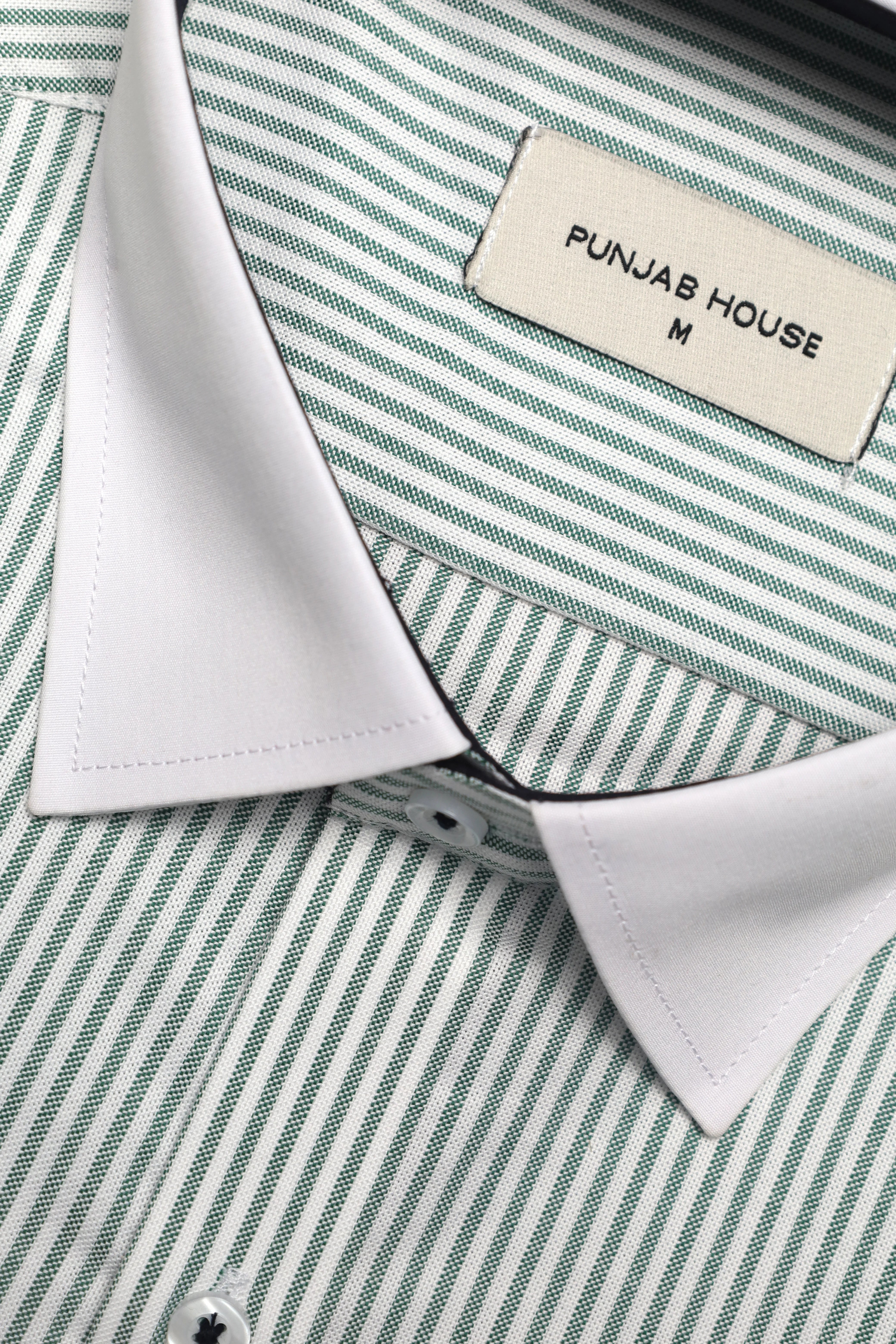 Pinstripe Shirt with Green Contrast White Collar