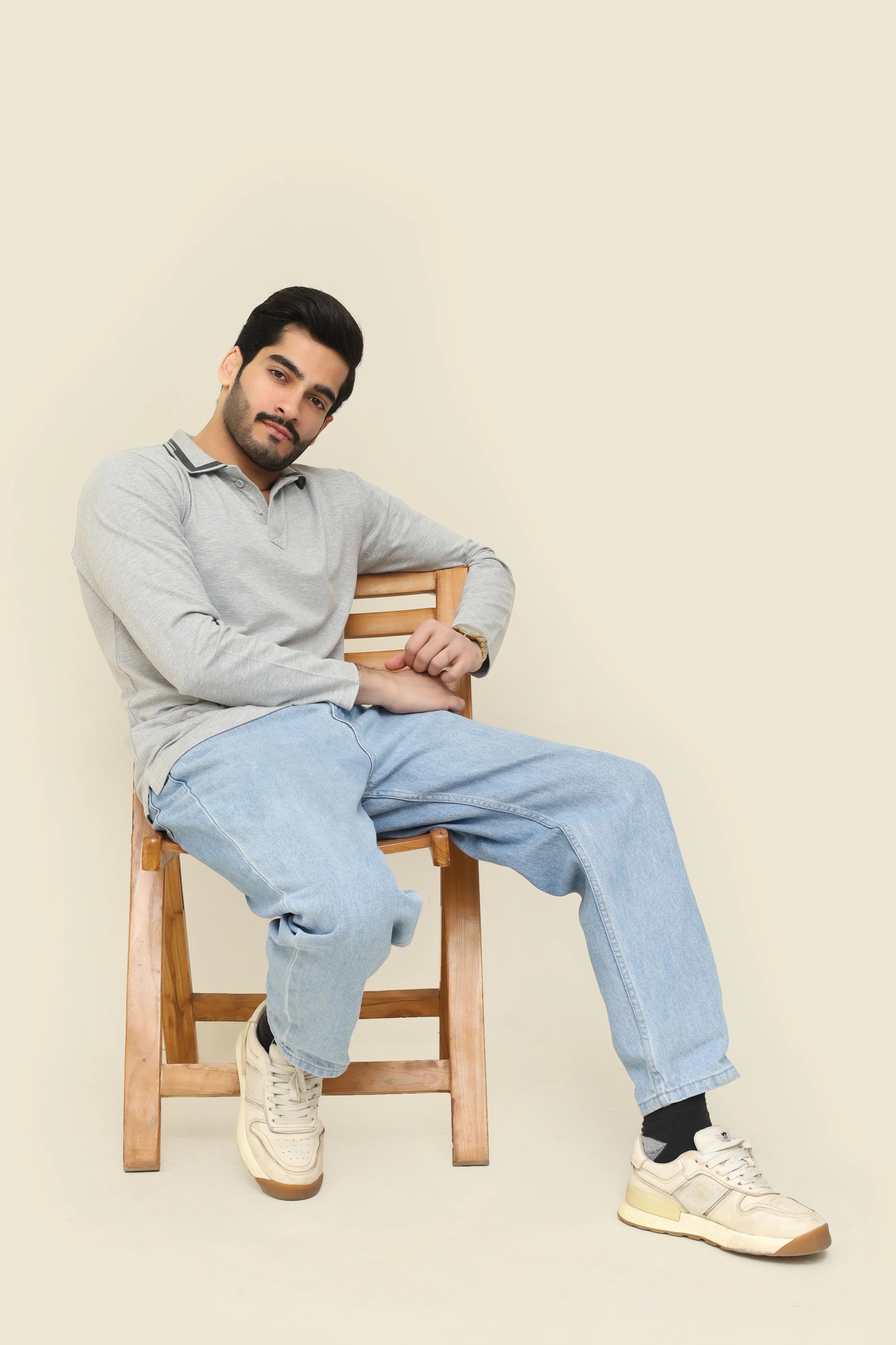 Men's Grey Long-Sleeve Polo Shirt