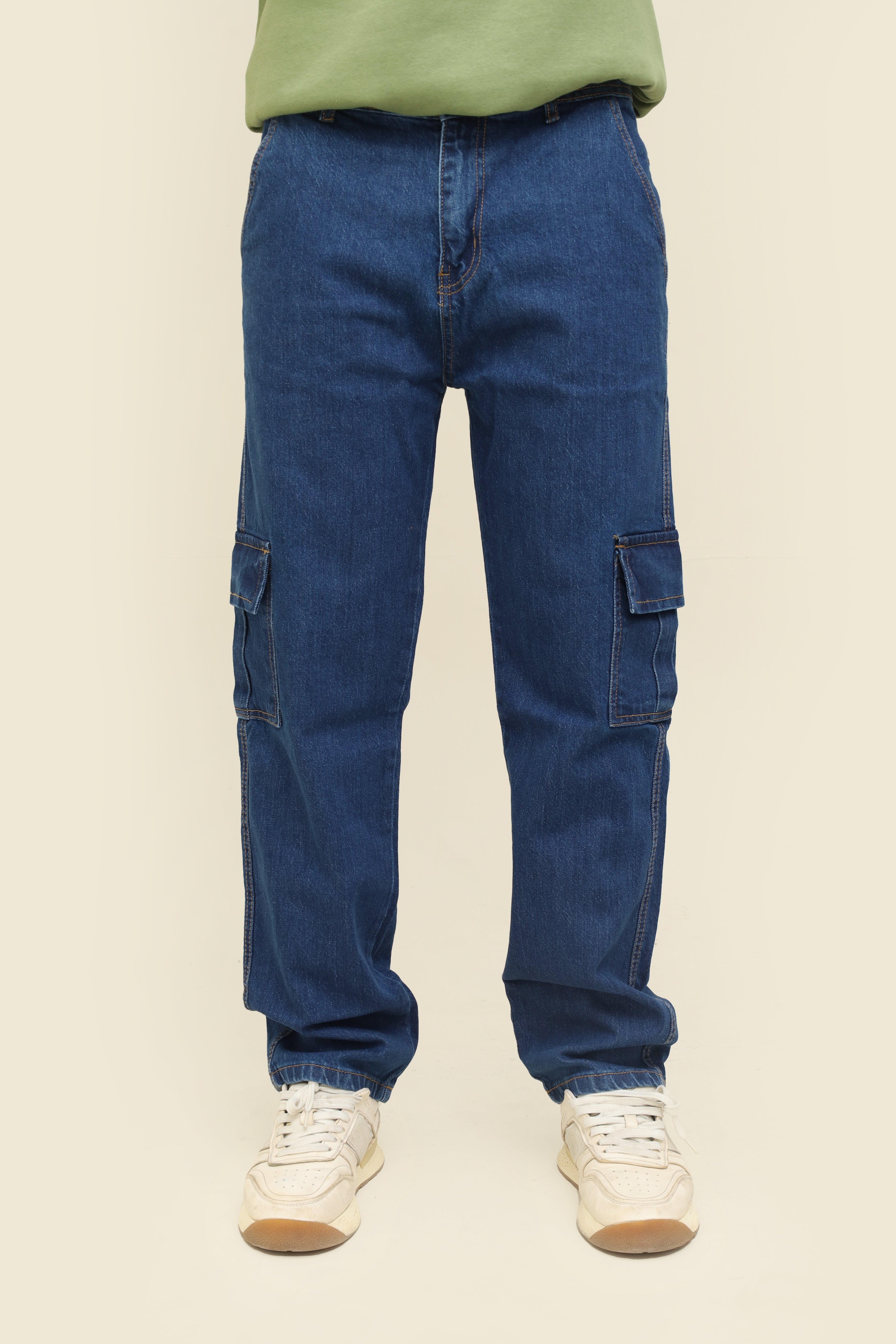 Relaxed Fit Blue Denim Cargo Jeans