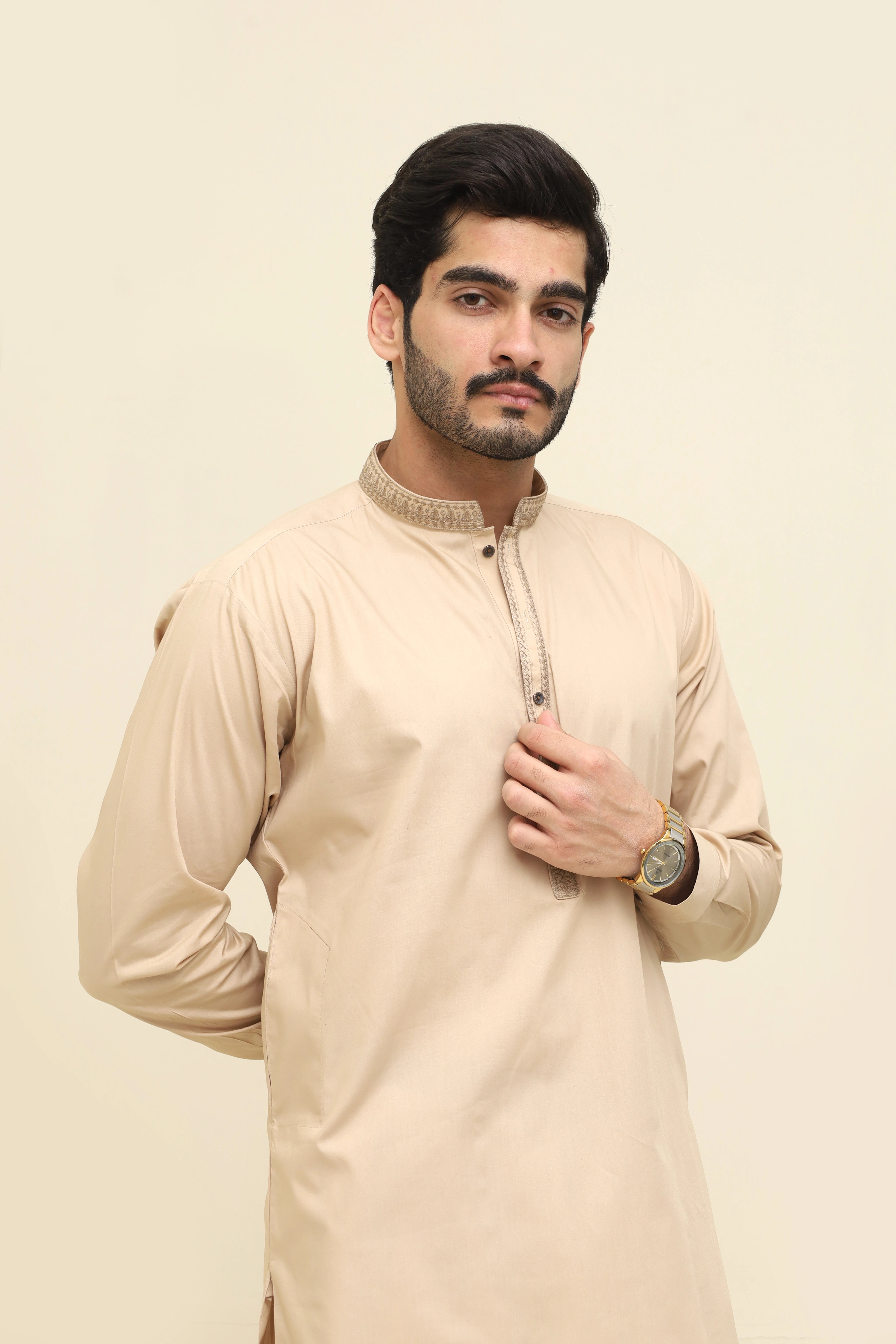 Light Beige Cotton Men Kurta