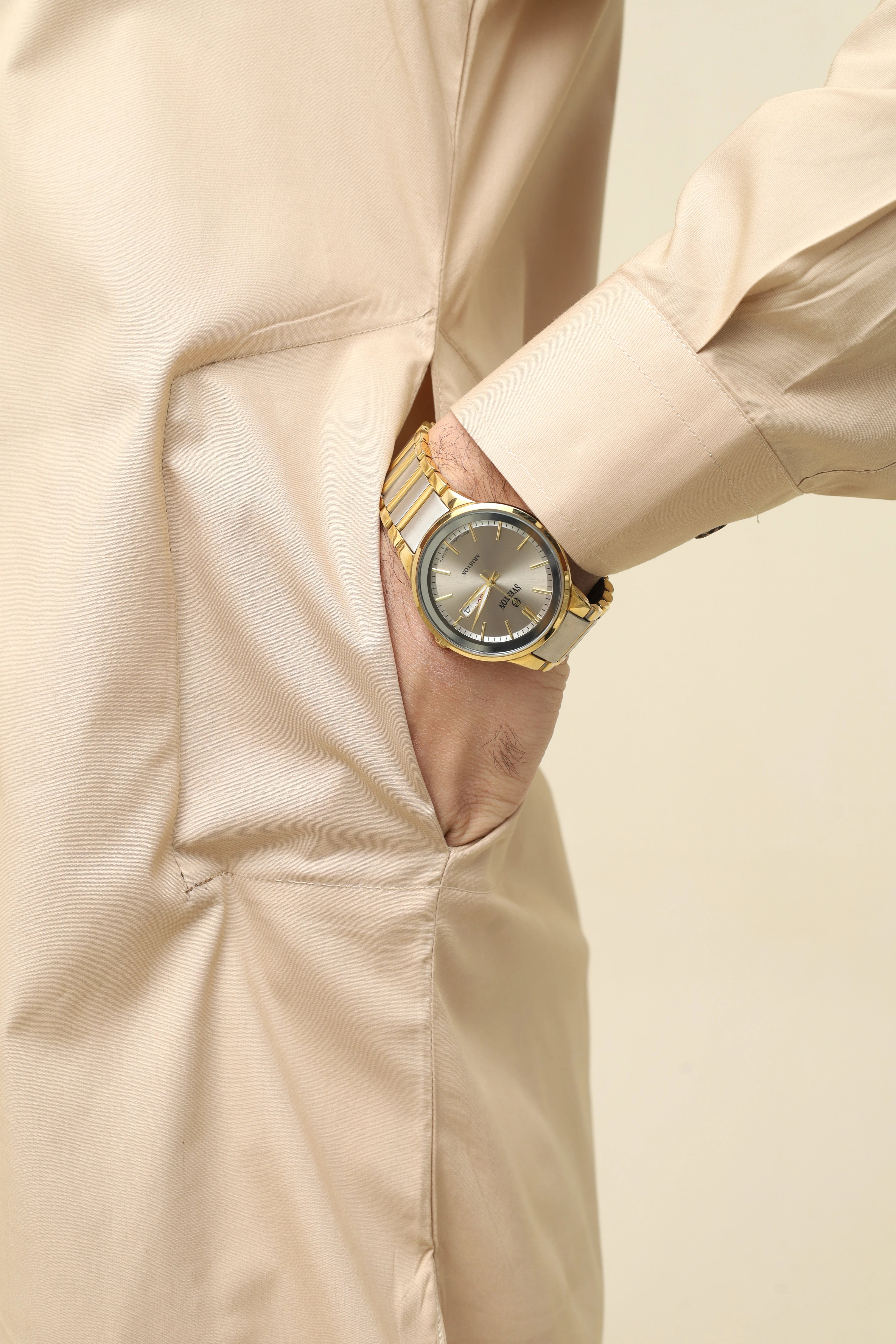 Light Beige Cotton Men Kurta