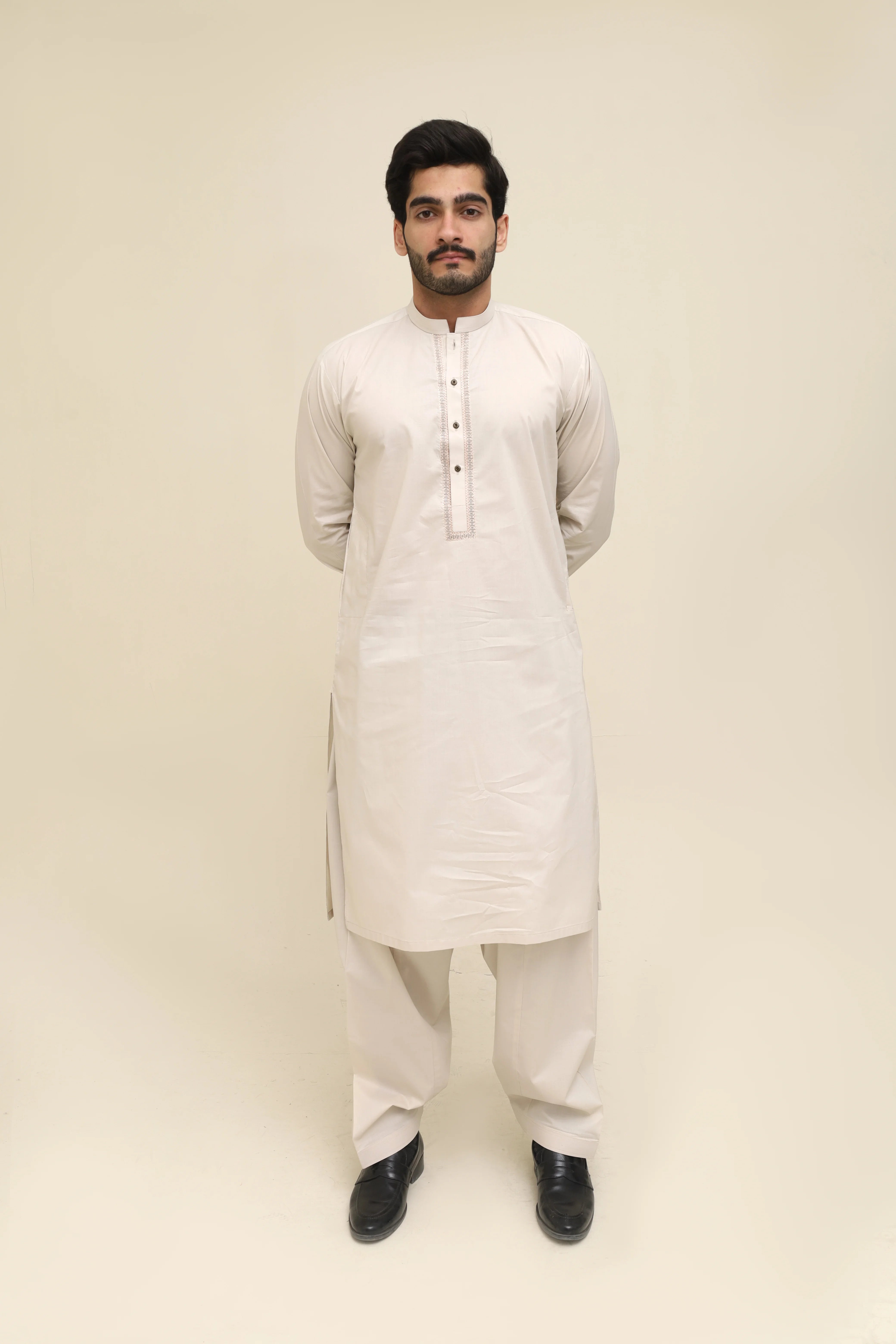 Light Khaki Embroidered Kurta Cotton