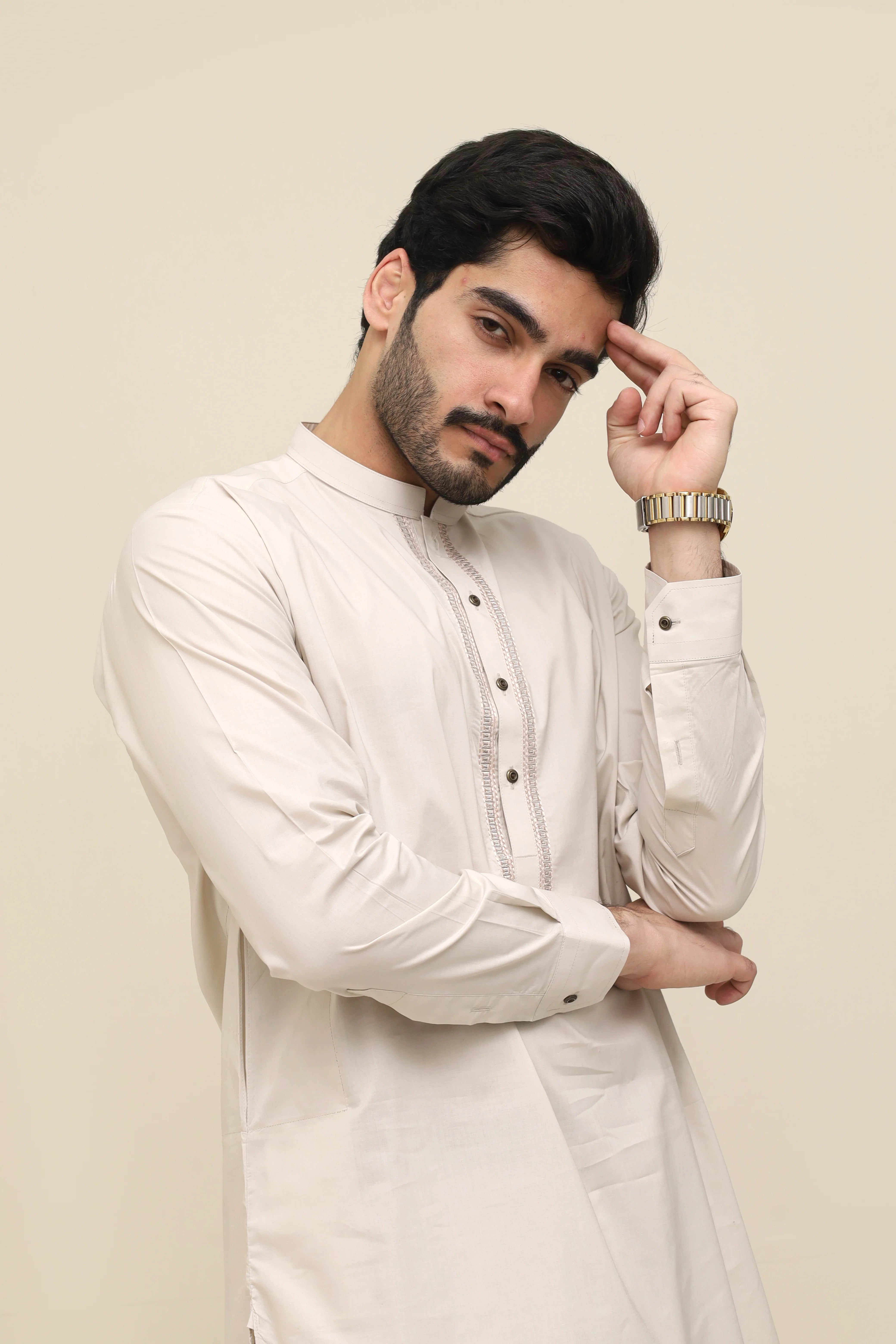 Light Khaki Embroidered Kurta Cotton