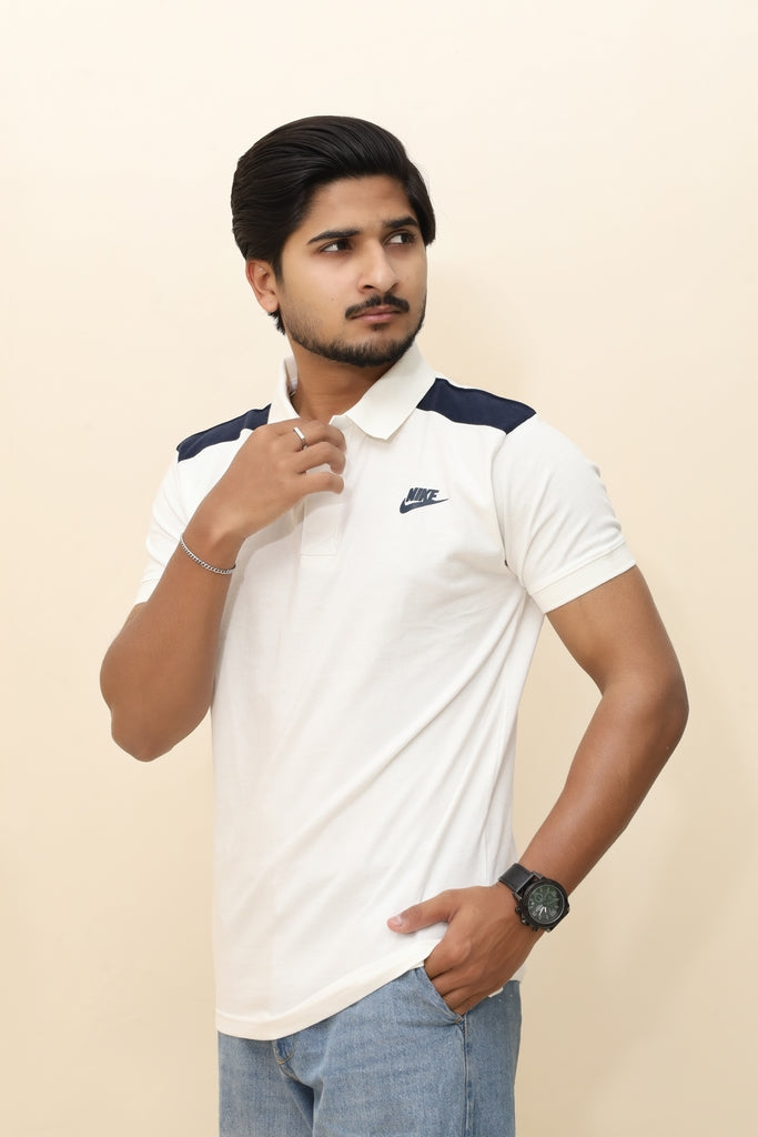 Men’s Classic White Performance Polo with Navy Accents