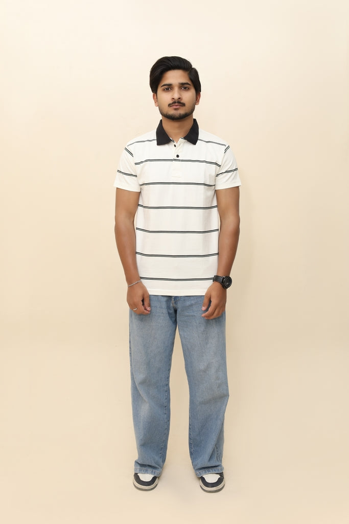Men’s Nautical Striped Polo in Off-White &amp; Forest Green