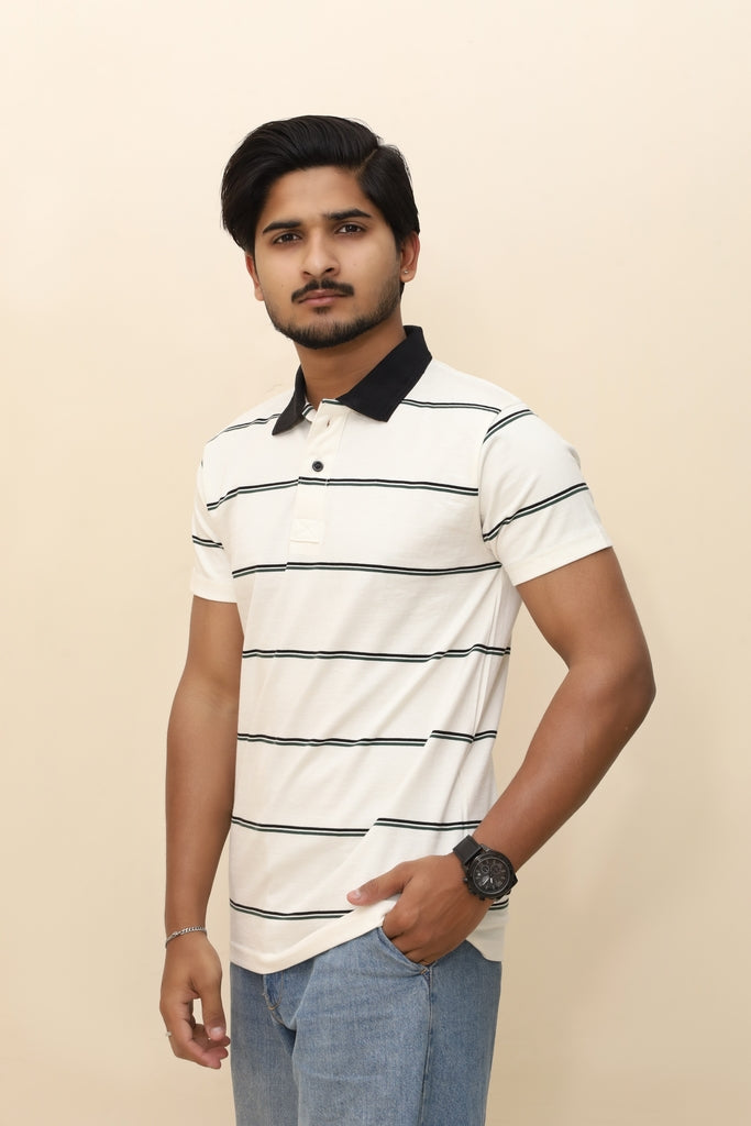 Men’s Nautical Striped Polo in Off-White &amp; Forest Green