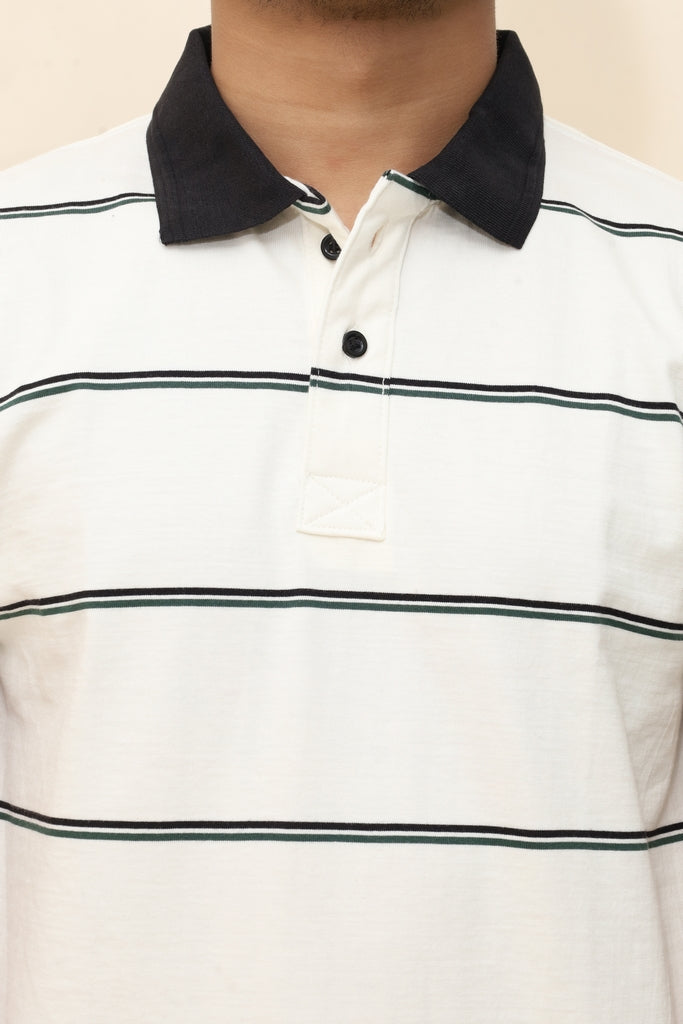 Men’s Nautical Striped Polo in Off-White &amp; Forest Green
