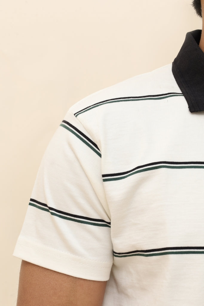 Men’s Nautical Striped Polo in Off-White &amp; Forest Green