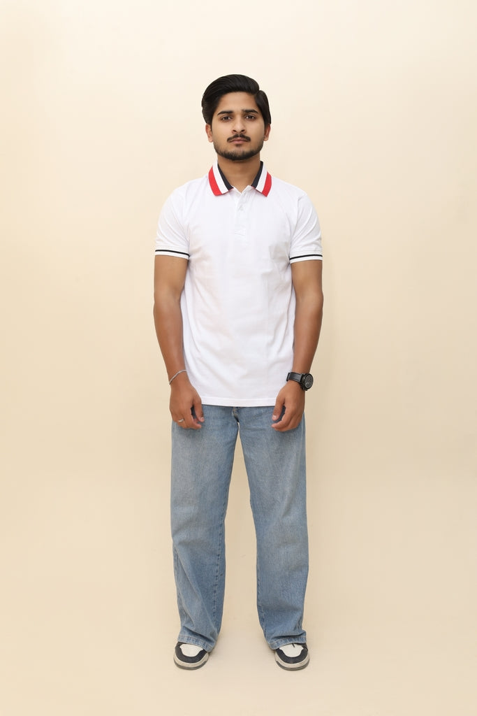 Men’s Urban White Polo with Tricolor Ribbed Collar