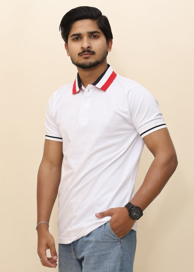 Men’s Urban White Polo with Tricolor Ribbed Collar