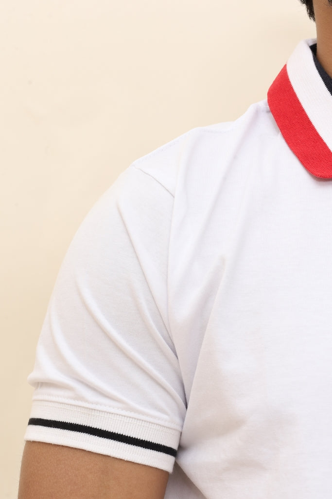 Men’s Urban White Polo with Tricolor Ribbed Collar