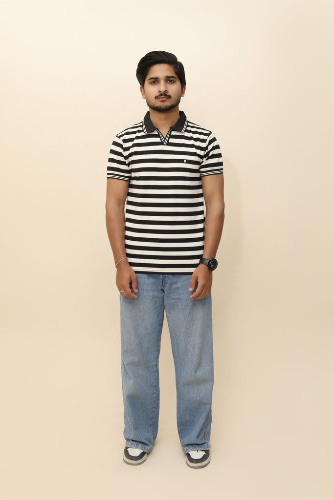 Men’s Retro-V Striped Pique Polo in Black &amp; White
