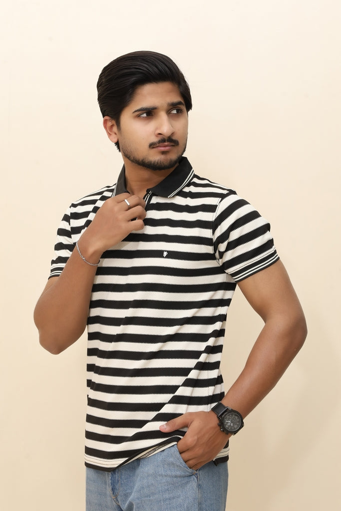 Men’s Retro-V Striped Pique Polo in Black &amp; White