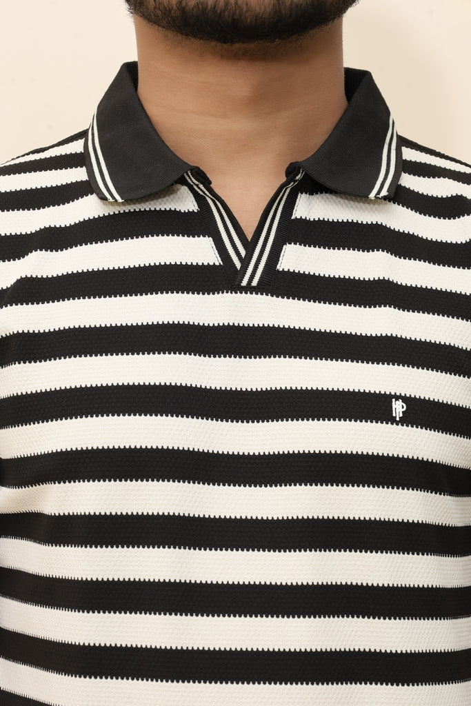 Men’s Retro-V Striped Pique Polo in Black &amp; White