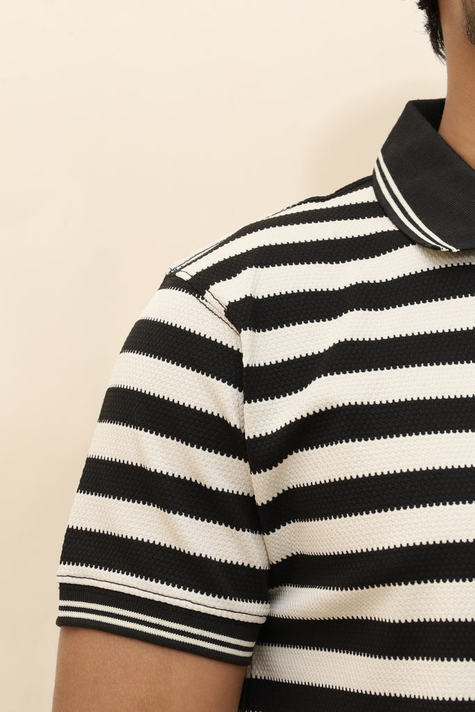 Men’s Retro-V Striped Pique Polo in Black &amp; White