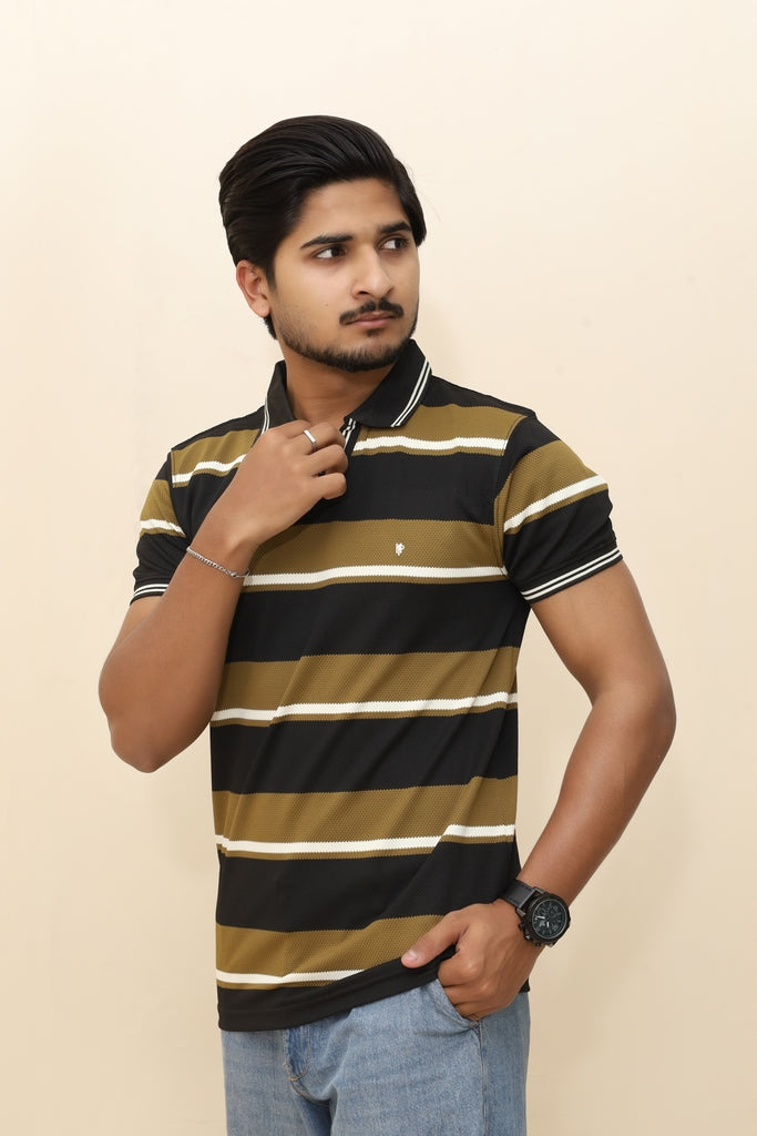 Men’s Retro-V Striped Pique Polo in Earthy Olive &amp; Black