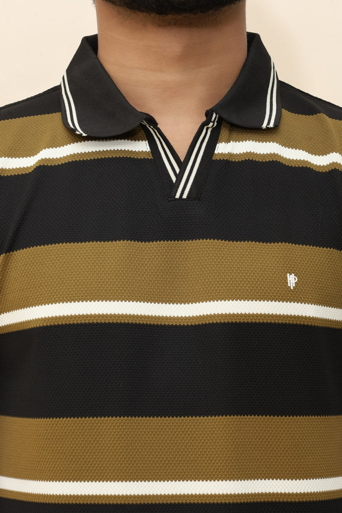 Men’s Retro-V Striped Pique Polo in Earthy Olive &amp; Black