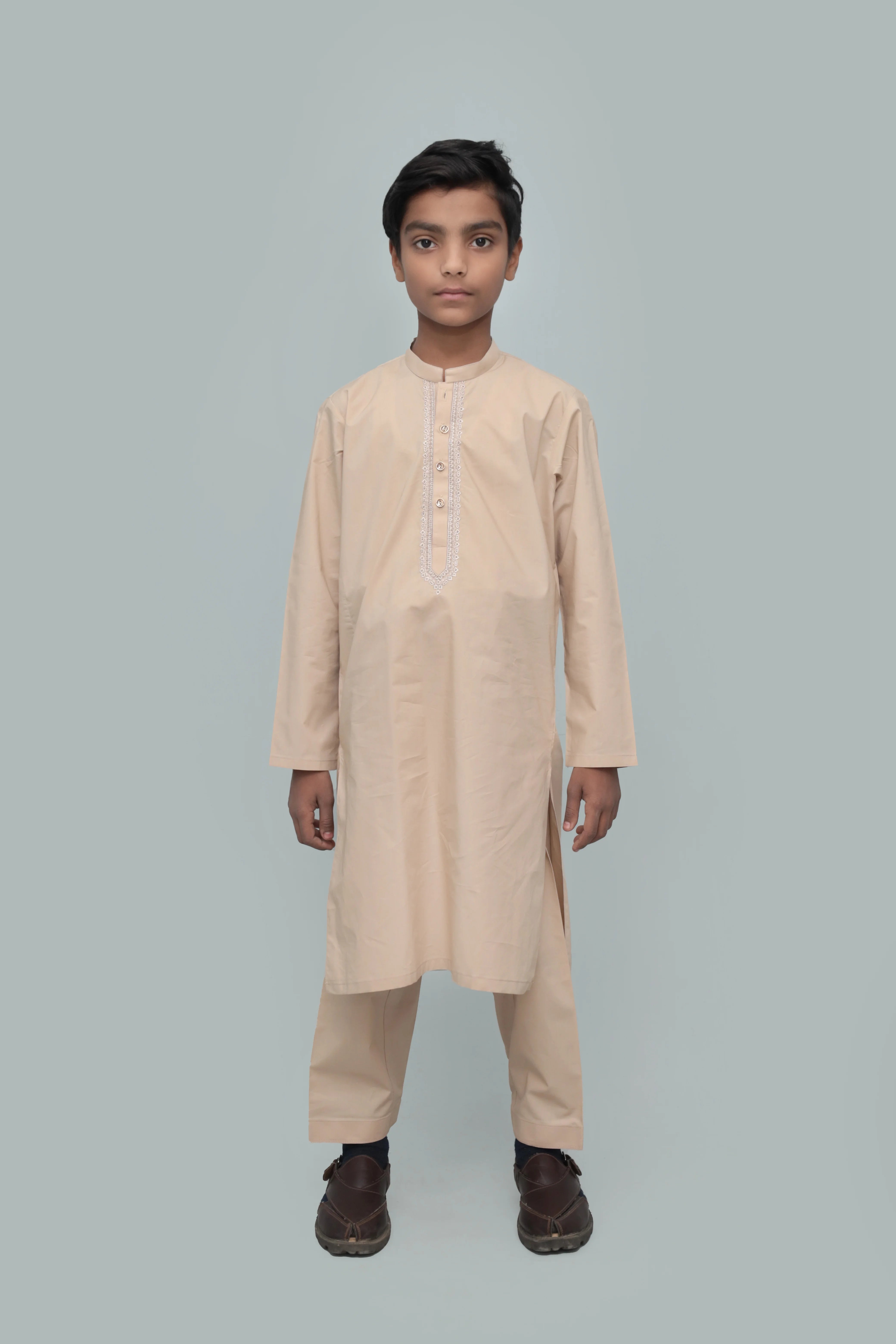 Beige Band-Collar Cotton Kurta with Embroidered Placket