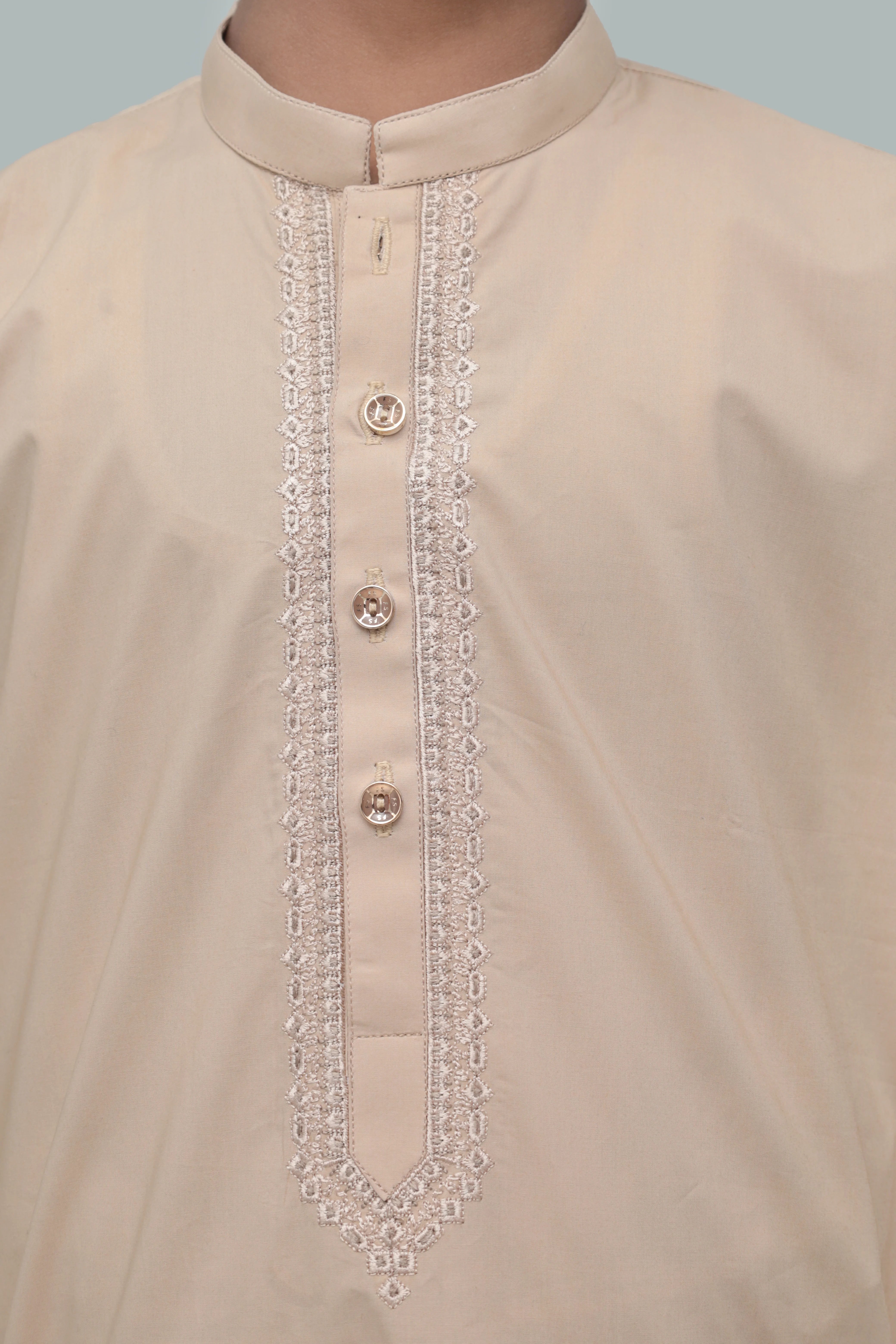 Beige Band-Collar Cotton Kurta with Embroidered Placket